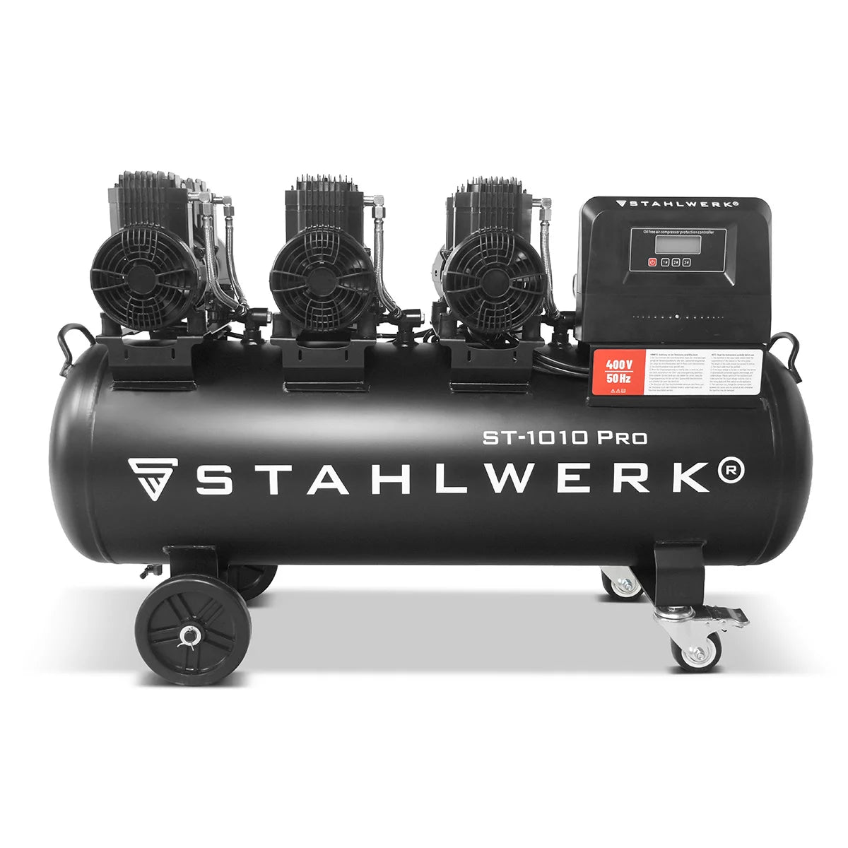 STAHLWERK Kompressor ST-1010 Pro mit 10 bar | 5,91 PS | 4,35 kW | 750 l/min | 120 L Tank ölfreier Druckluft-Kompressor | Kolben-Kompressor | Silent-Kompressor | Flüster-Kompressor mit Brushless-Motoren