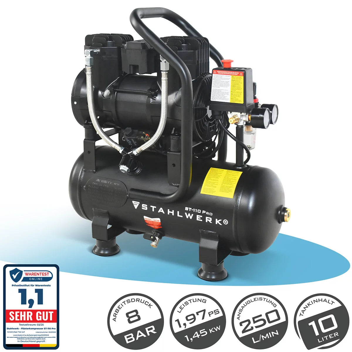 ضاغط STAHLWERK ST-110 Pro بـ 8 بار | 1.97 حصان | 1.45 كيلو واط | 250 لتر/دقيقة | ضاغط هواء مضغوط بدون زيت سعة 10 لتر | ضاغط مكبس | ضاغط صامت | ضاغط الهمس بمحركات بدون فرش