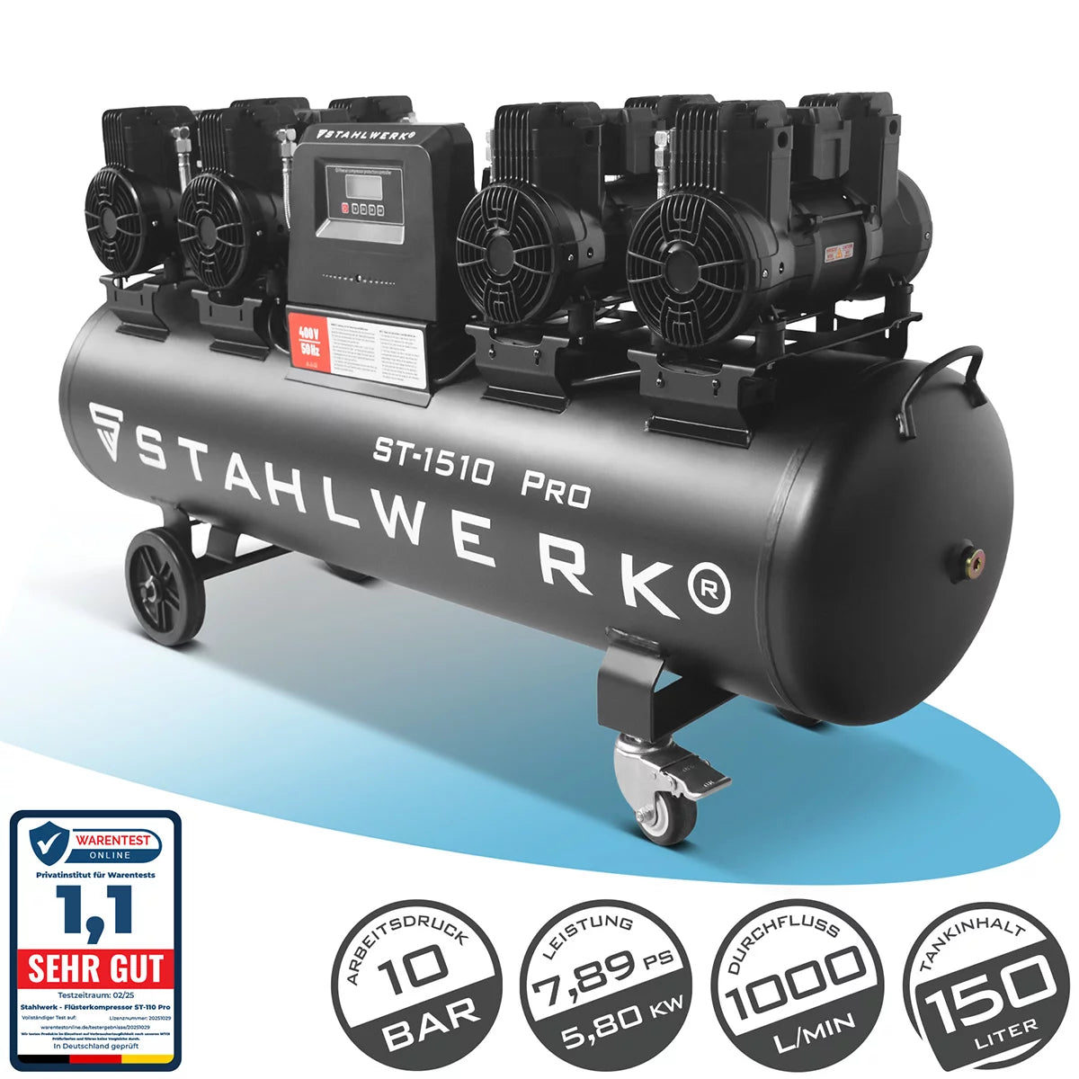 ضاغط STAHLWERK ST-1510 Pro بـ 10 بار | 7.89 حصان | 5.80 كيلو واط | 1000 لتر/دقيقة | ضاغط هواء مضغوط بدون زيت سعة 150 لتر | ضاغط مكبس | ضاغط صامت | ضاغط الهمس بمحركات بدون فرش