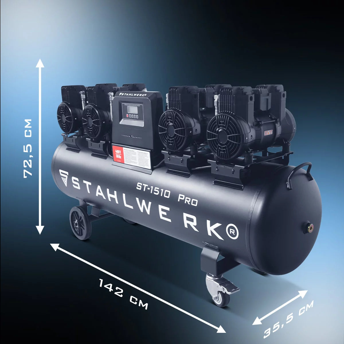 Compressore STAHLWERK ST-1510 Pro con 10 bar | 7,89 cv | 5,80kW| 1000 l/min | Compressore d'aria compressa oil-free con serbatoio da 150 L | Compressore a pistone | Compressore silenzioso | Compressore Whisper con motori brushless