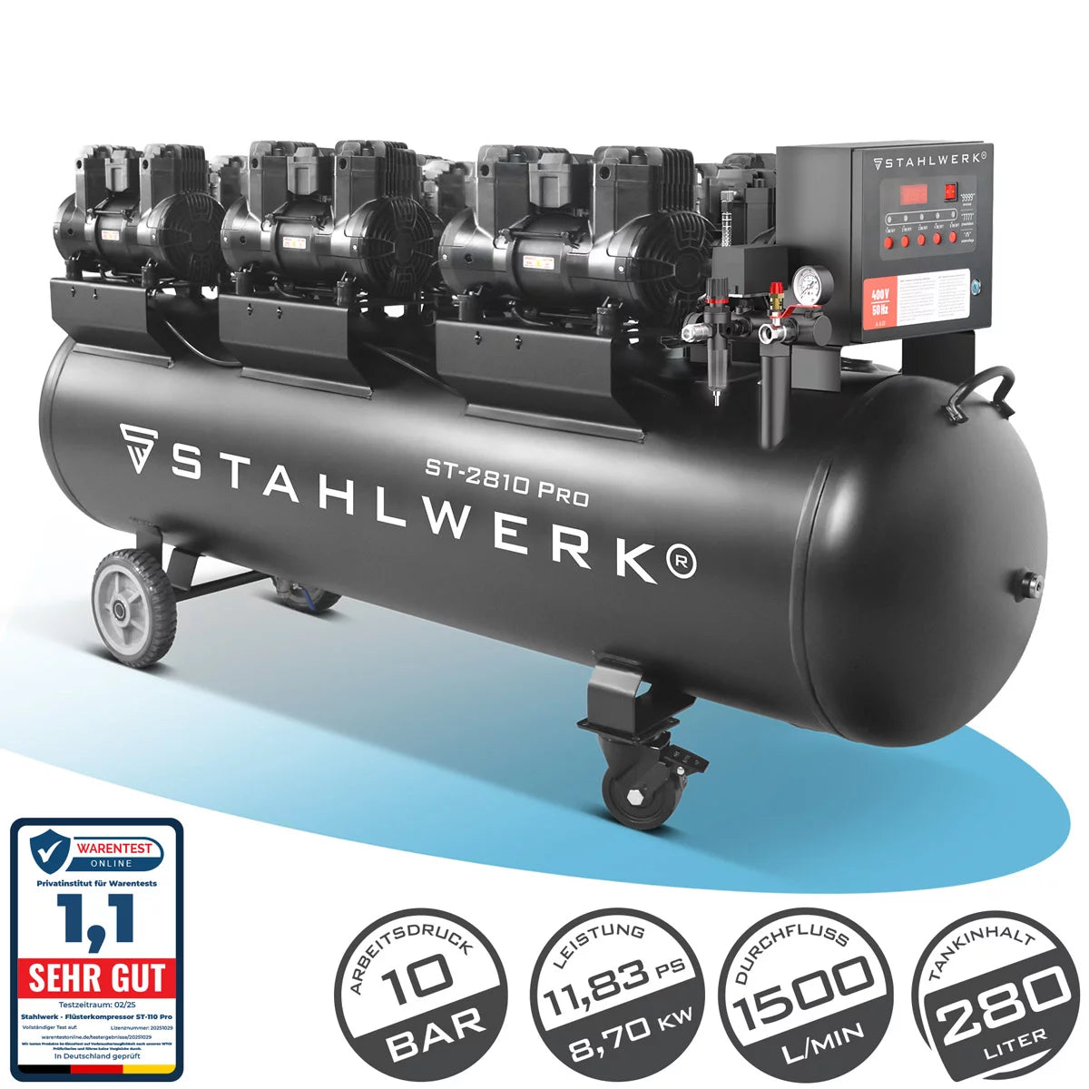 Compresor STAHLWERK ST-2810 Pro con 10 bar | 11,83 CV | 8,70 kilovatios | 1500 l/min | Compresor de aire comprimido sin aceite con depósito de 280 L | Compresor de pistón | Compresor silencioso | Compresor Whisper con motores sin escobillas.