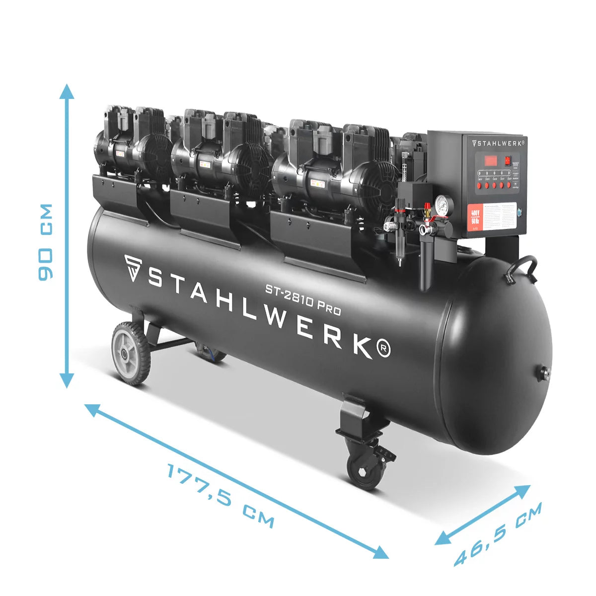 Compresor STAHLWERK ST-2810 Pro con 10 bar | 11,83 CV | 8,70 kilovatios | 1500 l/min | Compresor de aire comprimido sin aceite con depósito de 280 L | Compresor de pistón | Compresor silencioso | Compresor Whisper con motores sin escobillas.