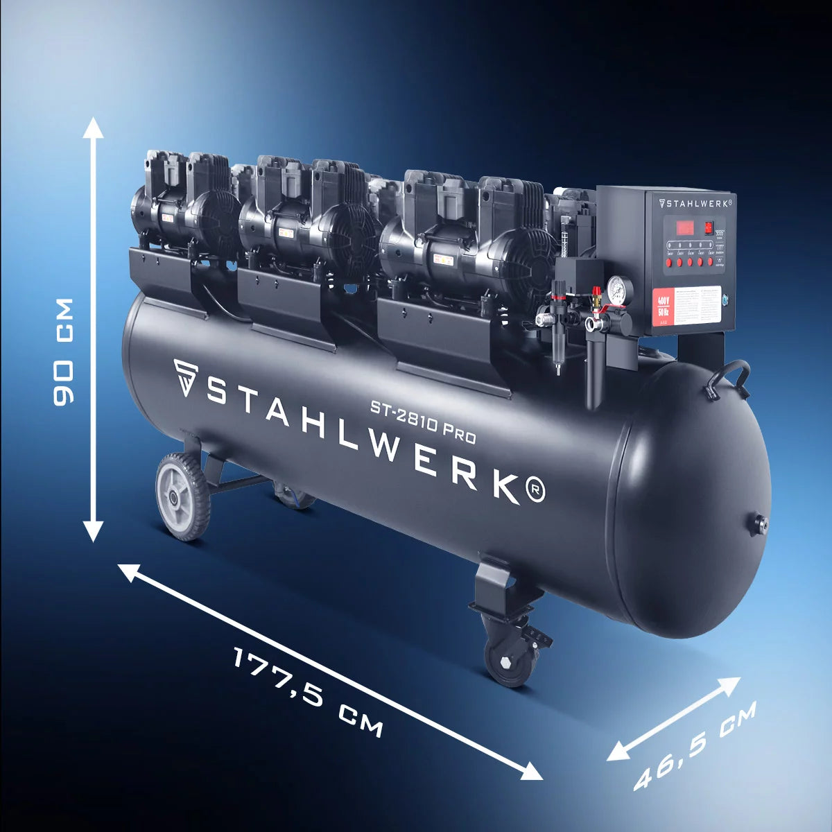 Compresor STAHLWERK ST-2810 Pro con 10 bar | 11,83 CV | 8,70 kilovatios | 1500 l/min | Compresor de aire comprimido sin aceite con depósito de 280 L | Compresor de pistón | Compresor silencioso | Compresor Whisper con motores sin escobillas.