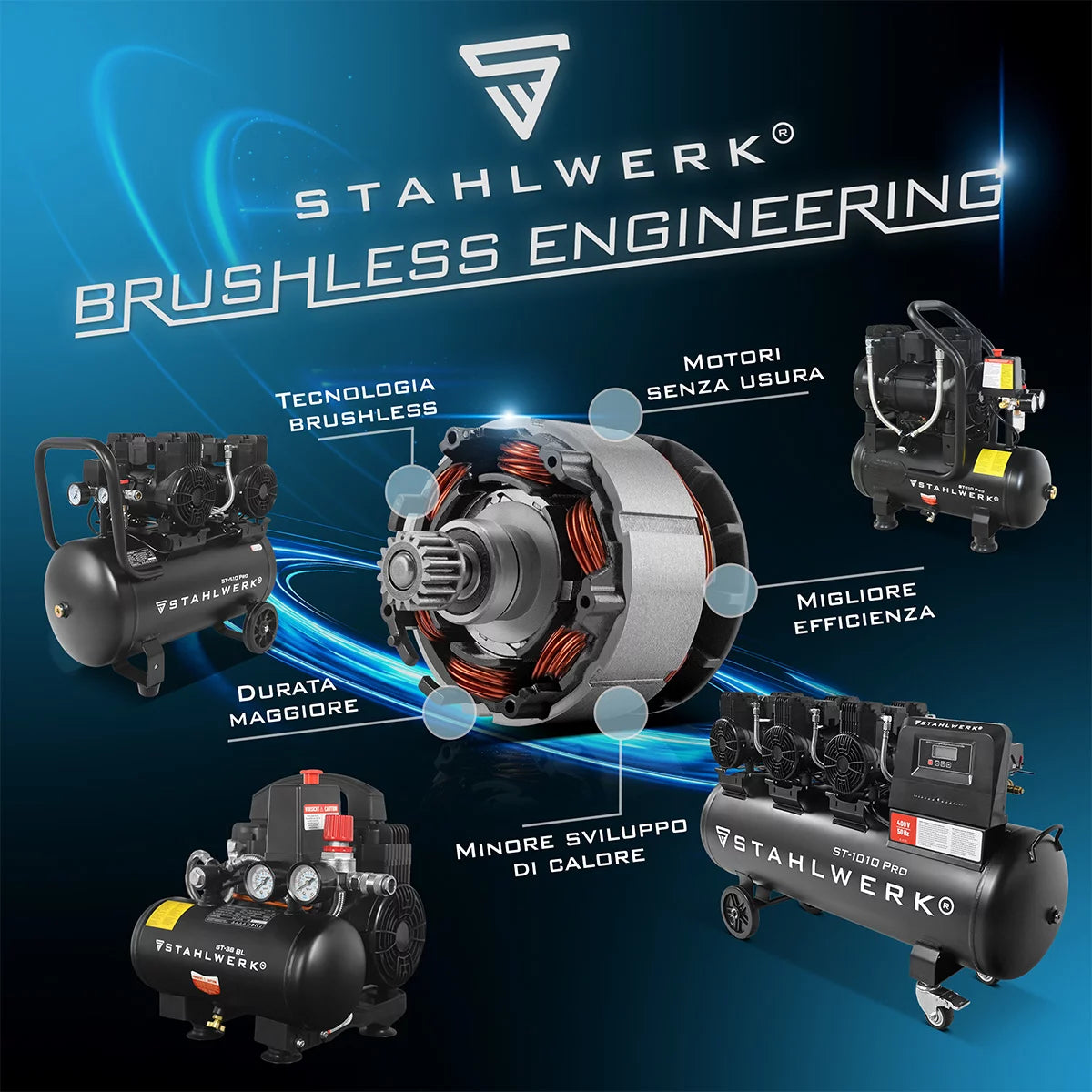 STAHLWERK Kompressor ST-310 Pro mit 8 bar | 1,97 PS | 1,45 kW | 250 l/min | 30 L Tank ölfreier Druckluft-Kompressor | Kolben-Kompressor | Silent-Kompressor | Flüster-Kompressor mit Brushless-Motoren