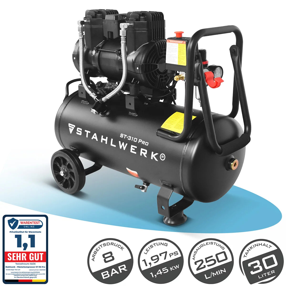 ضاغط STAHLWERK ST-310 Pro بـ 8 بار | 1.97 حصان | 1.45 كيلو واط | 250 لتر/دقيقة | ضاغط هواء مضغوط بدون زيت سعة 30 لتر | ضاغط مكبس | ضاغط صامت | ضاغط الهمس بمحركات بدون فرش