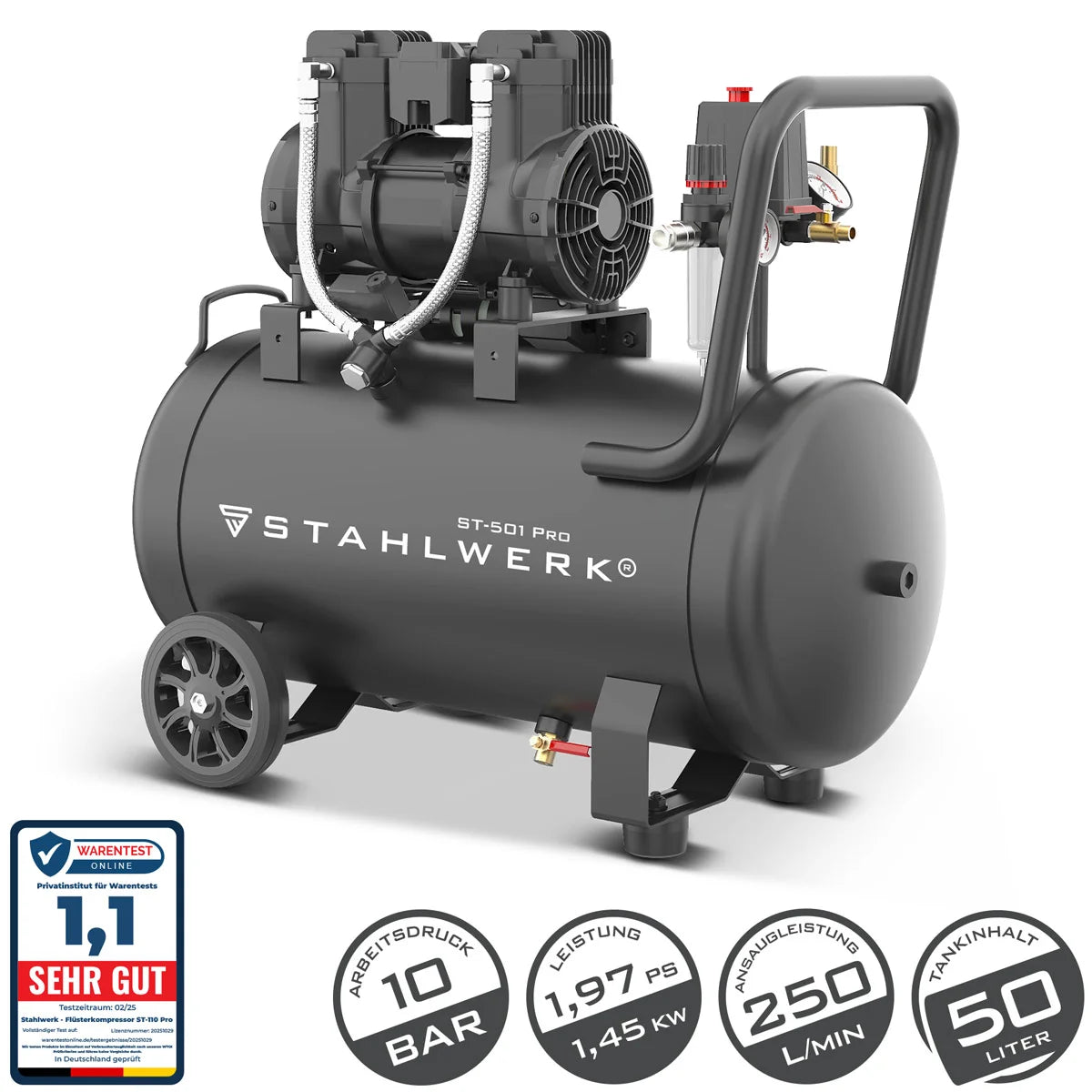 STAHLWERK Kompressor ST-501 Pro mit 10 bar | 1,97 PS | 1,45 kW | 250 l/min | 50 L Tank | Ölfreier Druckluft-Kompressor | Kolben-Kompressor | Silent-Kompressor | Flüster-Kompressor mit Brushless-Motor