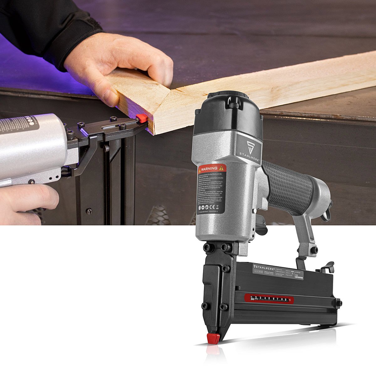 STAHLWERK Druckluft Nagler DN-50 ST 2 in 1 Nagelpistole | Tacker | Streifennagler | Klammernagler mit 5-7 Bar Arbeitsdruck, Metallgehäuse, geeignet für 18 Gauge Nägel und Tackernadeln inklusive Zubehör und Transportkoffer