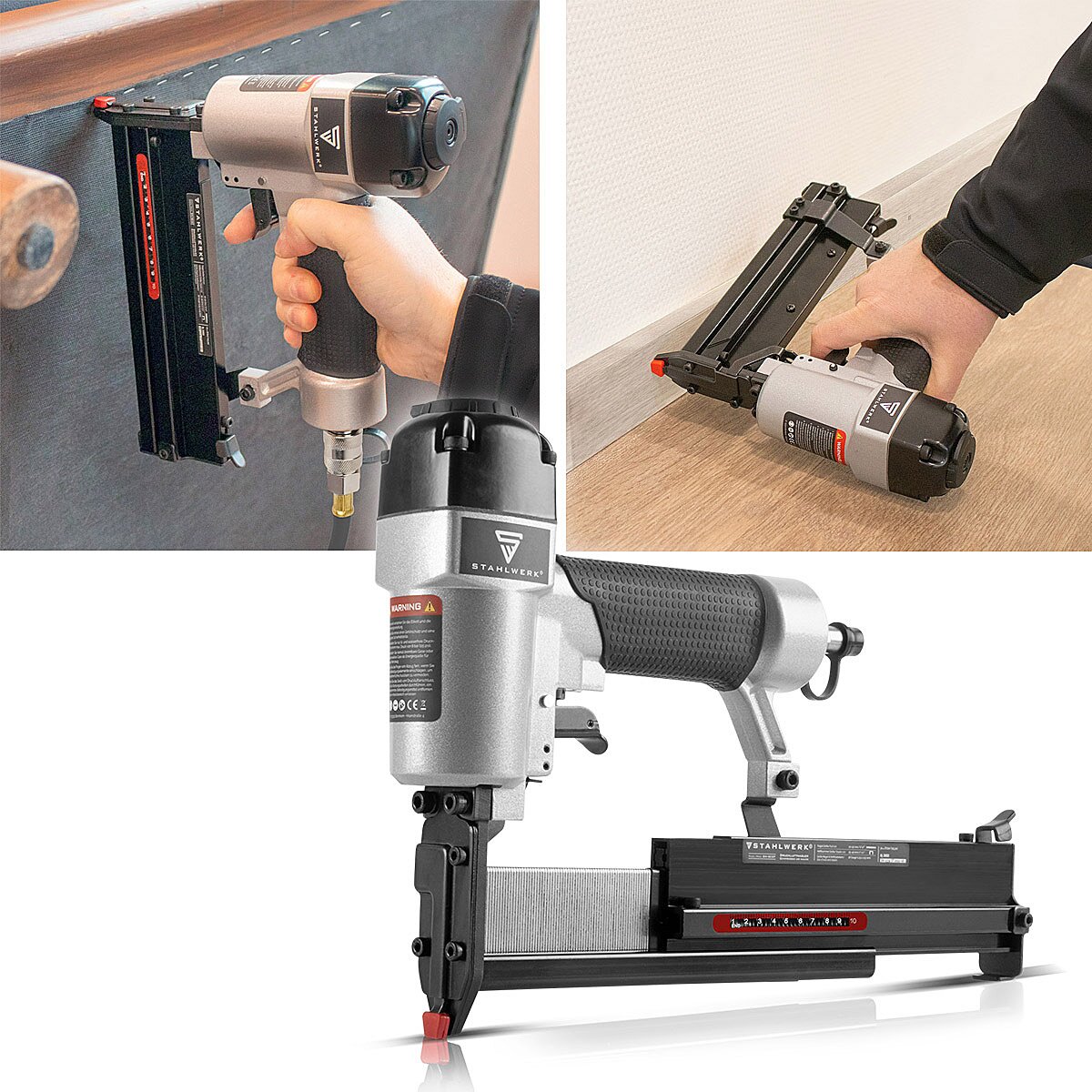 STAHLWERK Druckluft Nagler DN-50 ST 2 in 1 Nagelpistole | Tacker | Streifennagler | Klammernagler mit 5-7 Bar Arbeitsdruck, Metallgehäuse, geeignet für 18 Gauge Nägel und Tackernadeln inklusive Zubehör und Transportkoffer