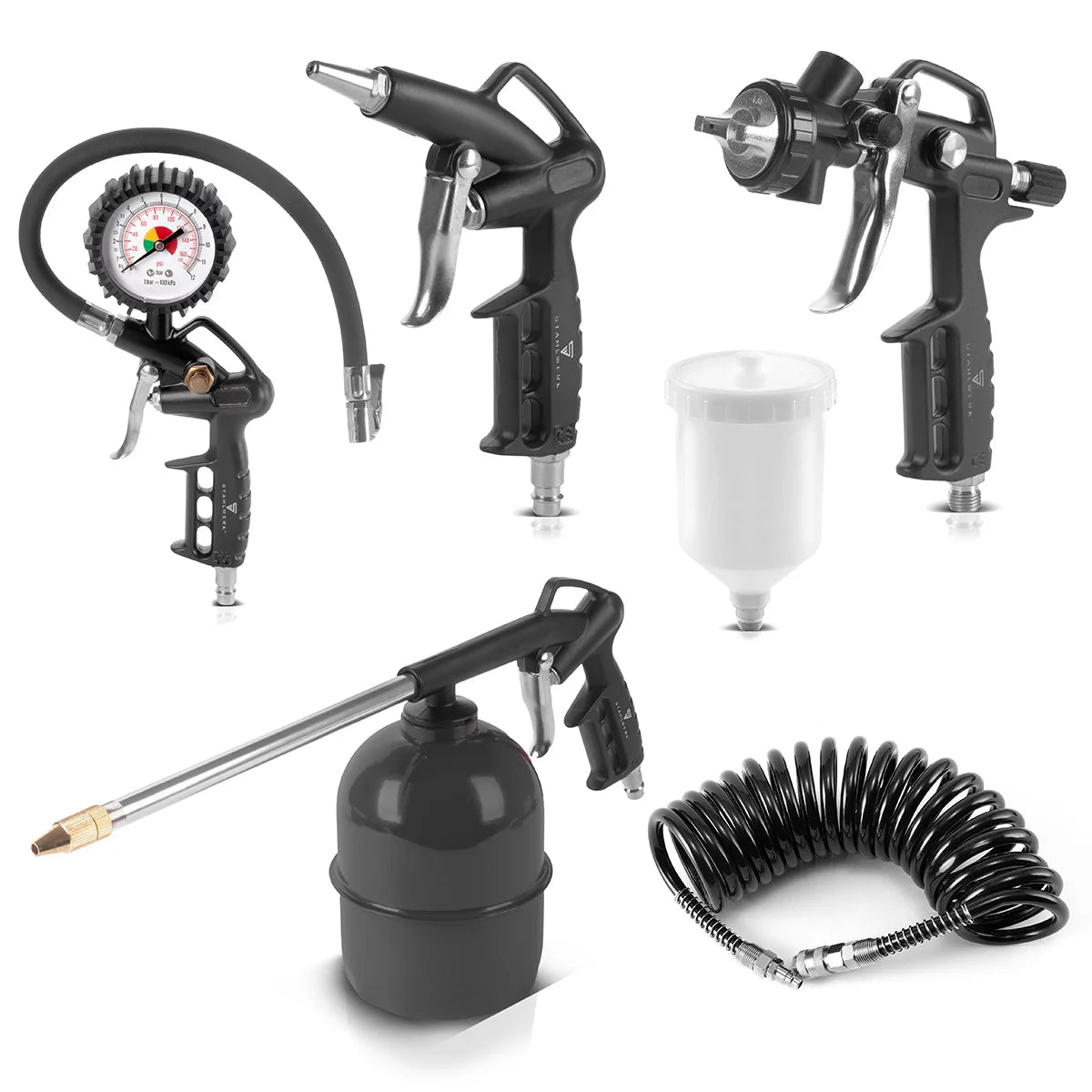 Steelwork compressed air set 5-part | Compressed air tool including painting gun, flap gun, cleaning gun with container, tire filler with pressure knife and 5 meters of spiral hose for the connection
