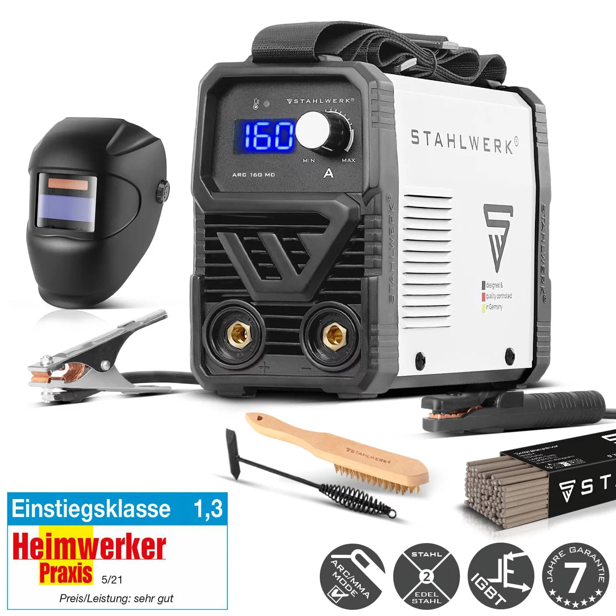 STAHLWERK ARC 160 MD آلة لحام كهربائي مجهزة بالكامل - DC MMA، E-Hand، Lift-TIG Welder | قابل للتعديل بلا حدود | صحيح 160 أمبير | مدمج للغاية وخفيف | بداية ساخنة، مانعة للالتصاق، تبريد ذكي | تقنية اي جي بي تي