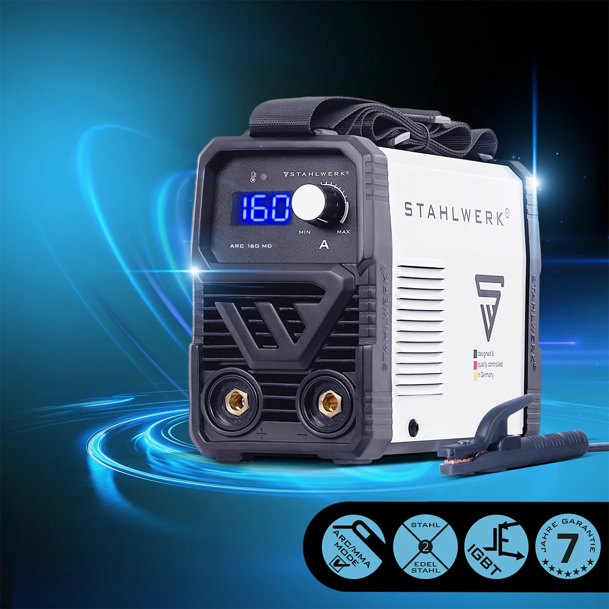 STAHLWERK ARC 160 MD آلة لحام كهربائي مجهزة بالكامل - DC MMA، E-Hand، Lift-TIG Welder | قابل للتعديل بلا حدود | صحيح 160 أمبير | مدمج للغاية وخفيف | بداية ساخنة، مانعة للالتصاق، تبريد ذكي | تقنية اي جي بي تي