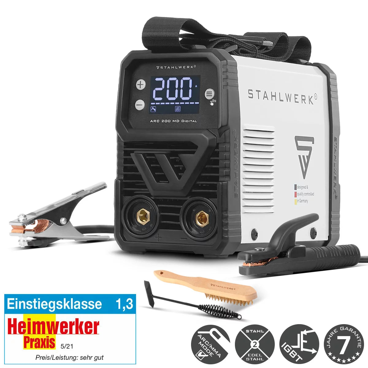 STAHLWERK ARC 200 MD Digital - 2026 - آلة لحام كهربائي DC MMA / E-Hand، Lift-TIG | صحيح 200 أمبير | شاشة ديجيتال مع القائمة | هوت ستارت، مضاد للالتصاق، قوة ARC، VRD | التبريد الذكي | تقنية اي جي بي تي