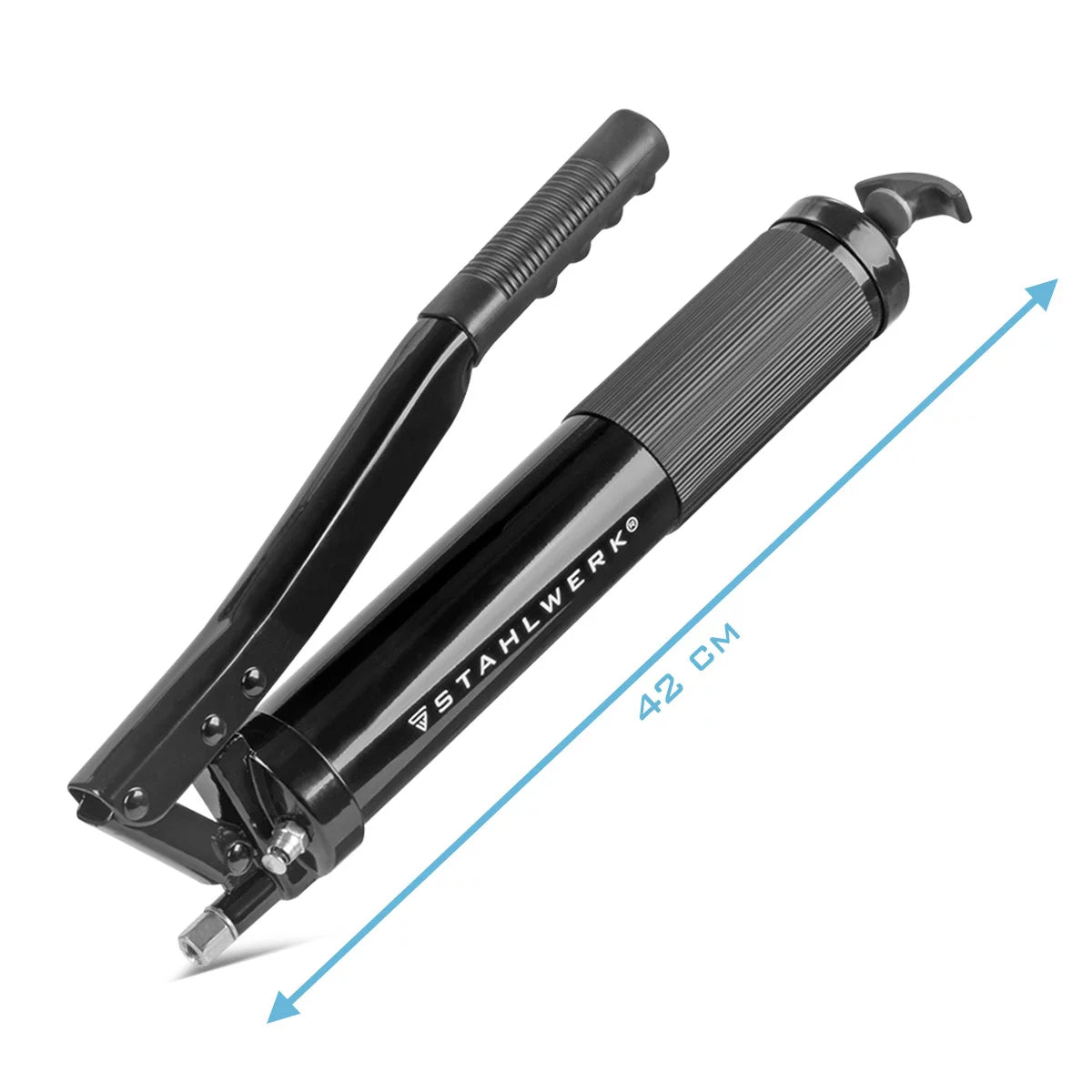 STAHLWERK Einhand-Fettpresse 600 ml 550 bar | Handhebelpresse aus robustem Stahl | Fettpresse für loses Fett oder 400 g Kartusche | Handpresse zur Schmierung mit flexiblem Schlauch und Verlängerungsrohr