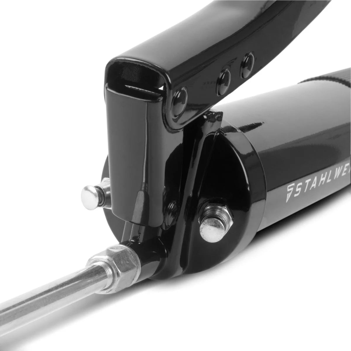 STAHLWERK Einhand-Fettpresse 600 ml 550 bar | Handhebelpresse aus robustem Stahl | Fettpresse für loses Fett oder 400 g Kartusche | Handpresse zur Schmierung mit flexiblem Schlauch und Verlängerungsrohr