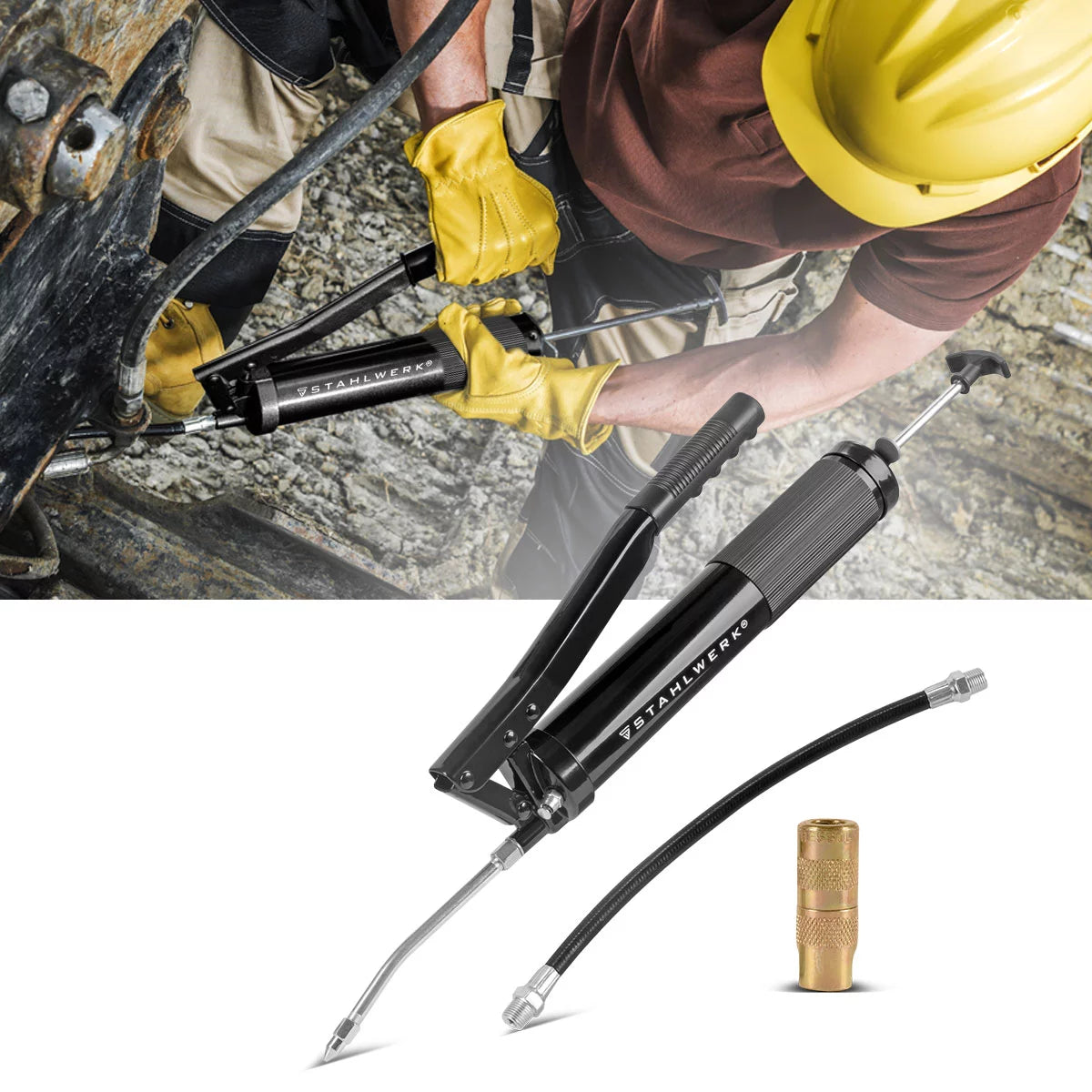 STAHLWERK Einhand-Fettpresse 600 ml 550 bar | Handhebelpresse aus robustem Stahl | Fettpresse für loses Fett oder 400 g Kartusche | Handpresse zur Schmierung mit flexiblem Schlauch und Verlängerungsrohr