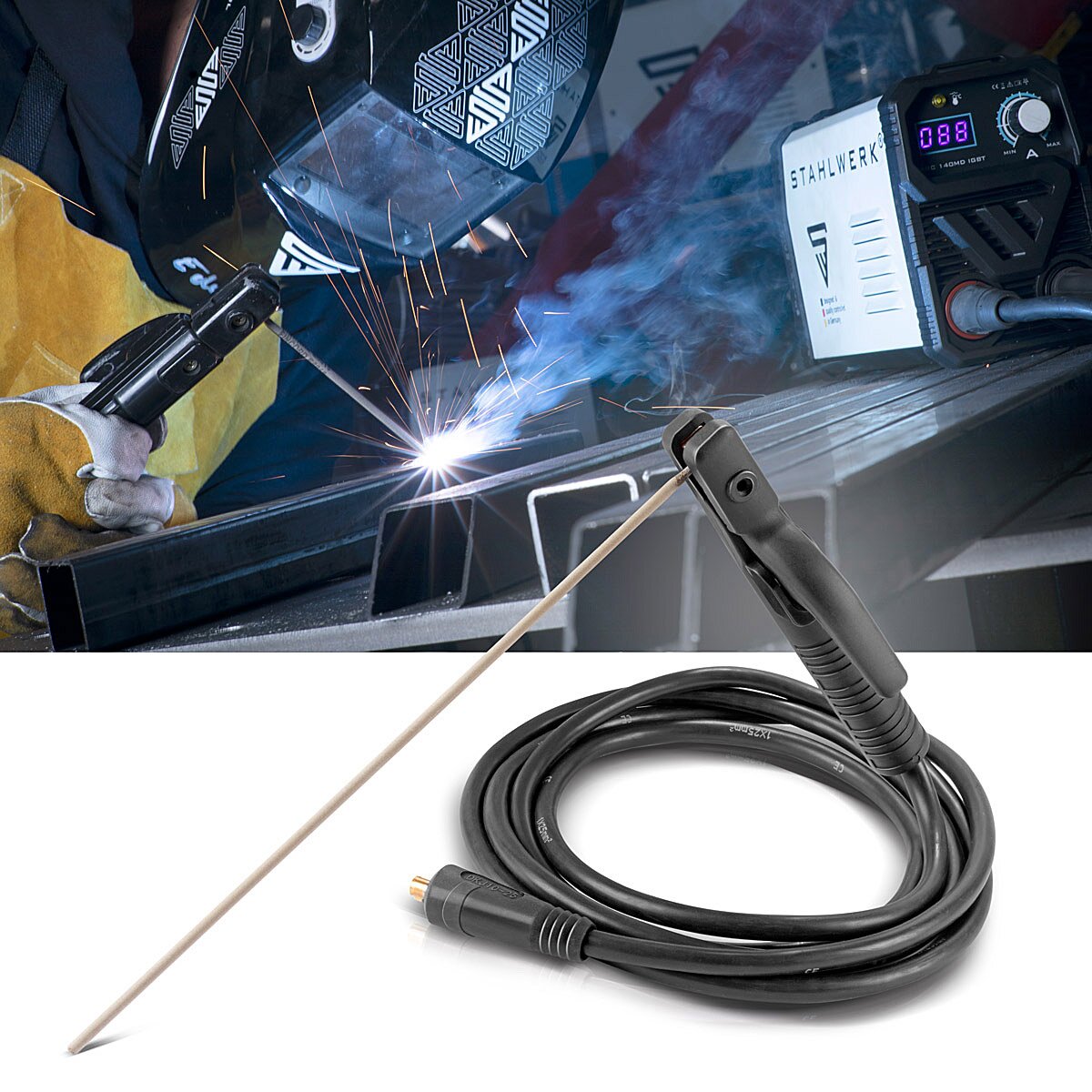 Steelworks MMA | ARC electrode holder up to 200 A welding pliers | Electrode pliers | Electrode clamp for welding devices including 3 m welding cable made of pure copper with 25 mm² and 9 mm plug