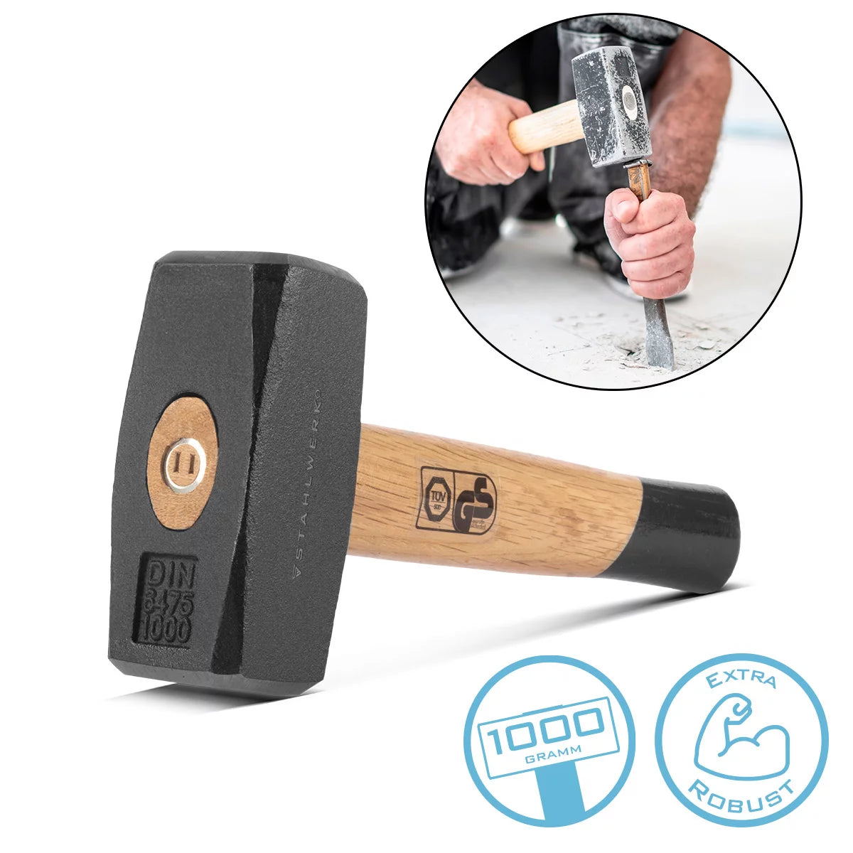 Steelworks Fistel con 1000 G Hammerkopf | Martillo de placa hecho de acero de carbono endurecido y lacado | Martillo de alta calidad con un mango de madera dura resistente a las roturas | Tüv + GS marcado