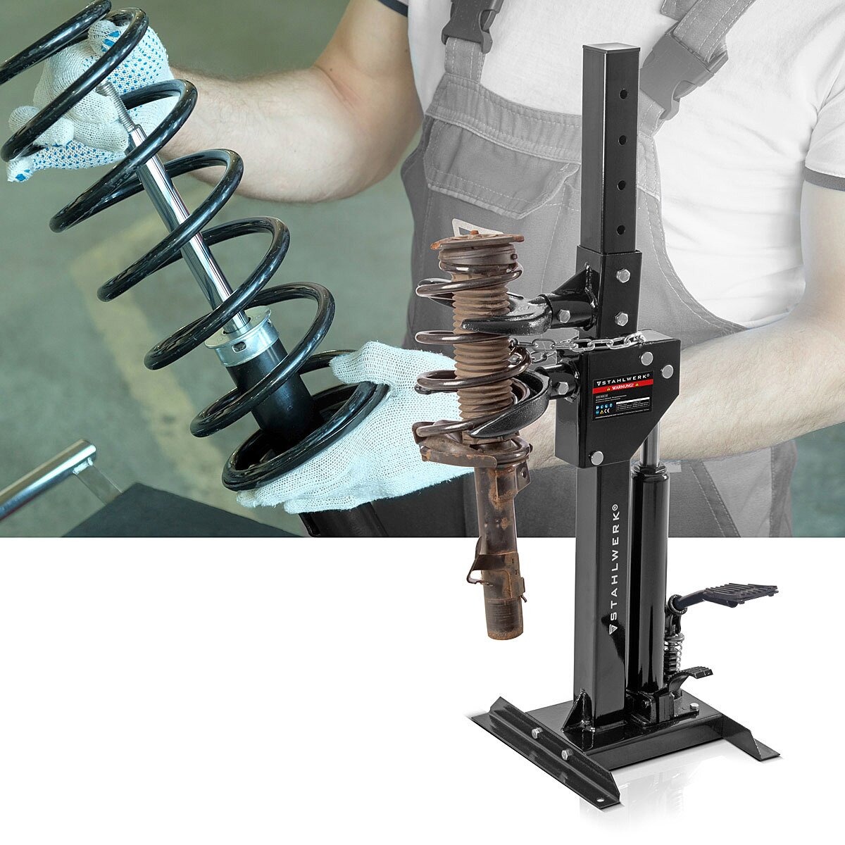 STAHLWERK Hydraulischer Federspanner HSC-820 ST mit 1t Spannkraft zur Montage und Demontage von Stoßdämpferfedern, Universal-Montagespanner | Tuning Werkzeug | Federbeinspanner für Kfz