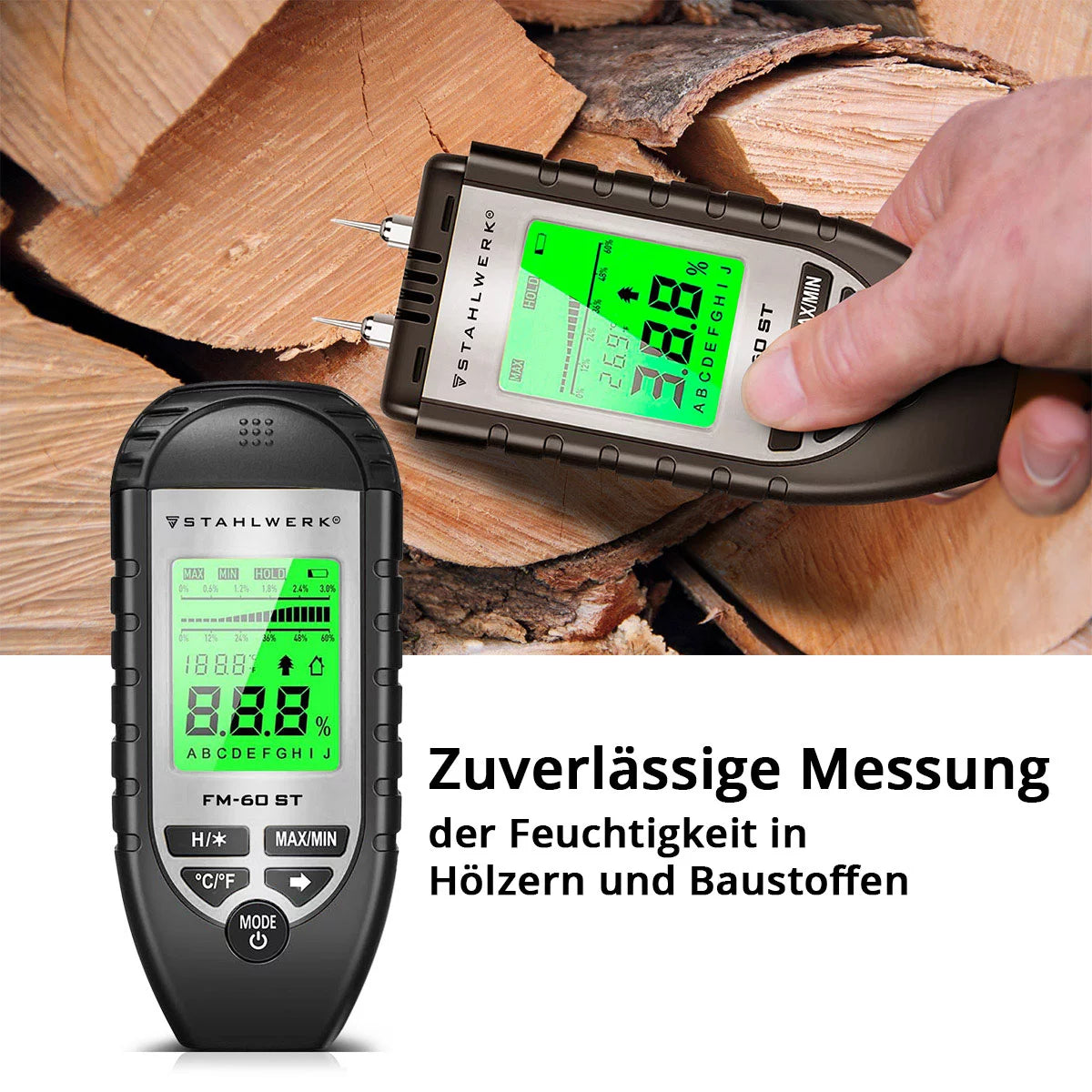 STAHLWERK Feuchtigkeitsmesser FM-60 ST für Holz und Baustoffe | Feuchtigkeitsmessgerät mit hochpräzisen Stiften | Feuchtemesser mit LCD-Display