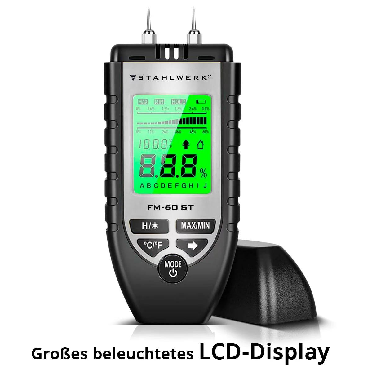 STAHLWERK Feuchtigkeitsmesser FM-60 ST für Holz und Baustoffe | Feuchtigkeitsmessgerät mit hochpräzisen Stiften | Feuchtemesser mit LCD-Display