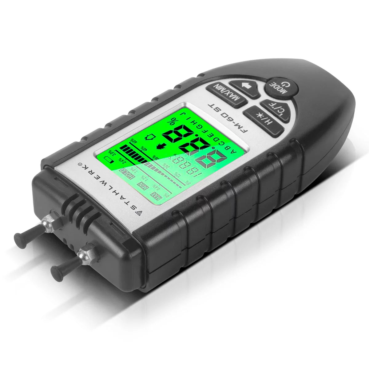 STAHLWERK Feuchtigkeitsmesser FM-60 ST für Holz und Baustoffe | Feuchtigkeitsmessgerät mit hochpräzisen Stiften | Feuchtemesser mit LCD-Display