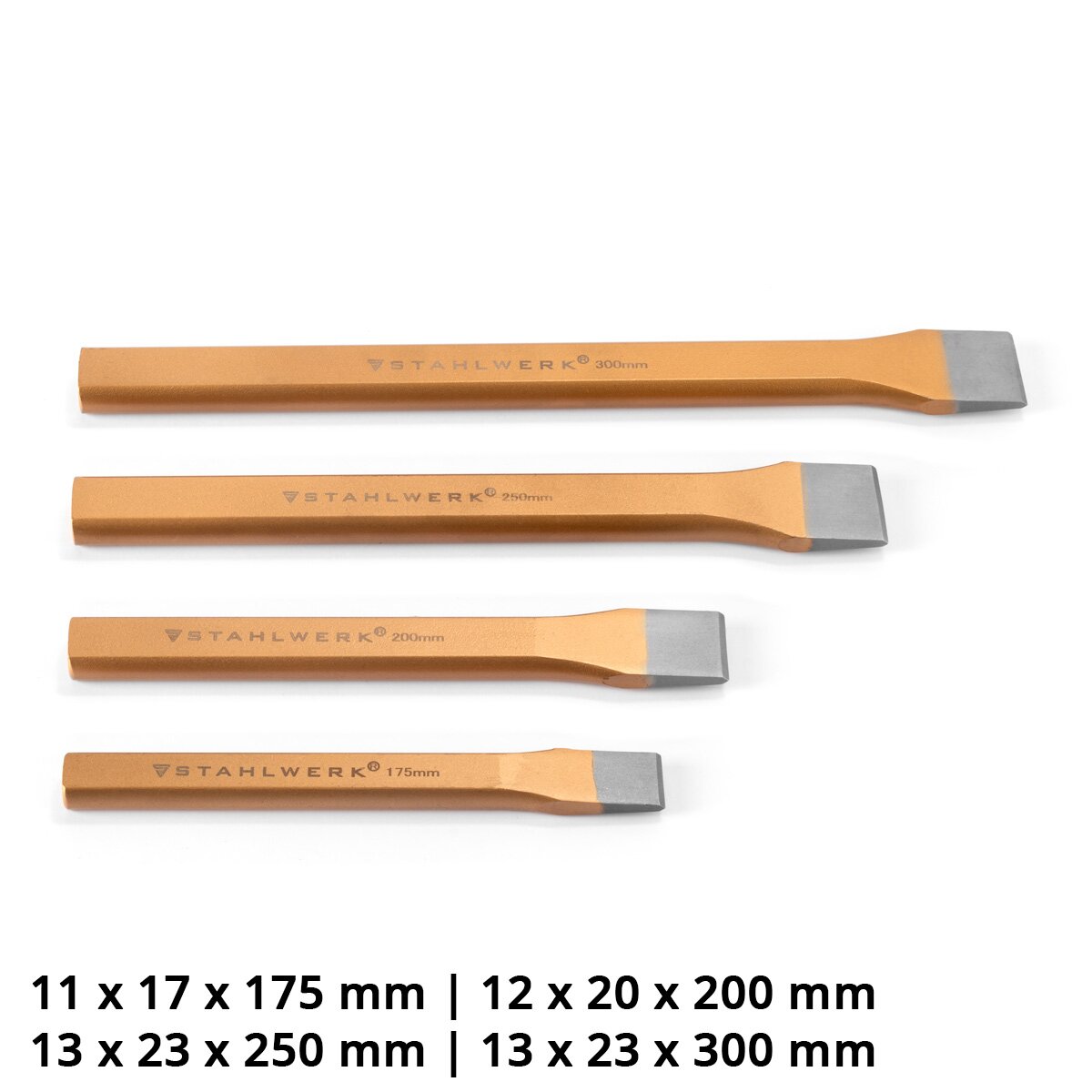 Acciaio flachmeißel 4 set oro 175 | 200 | 250 | 300 mm Sfalcano a mano in acciaio indurito per scalpelli professionali di metallo, pietra, legno, cemento, piastrelle e materie plastiche