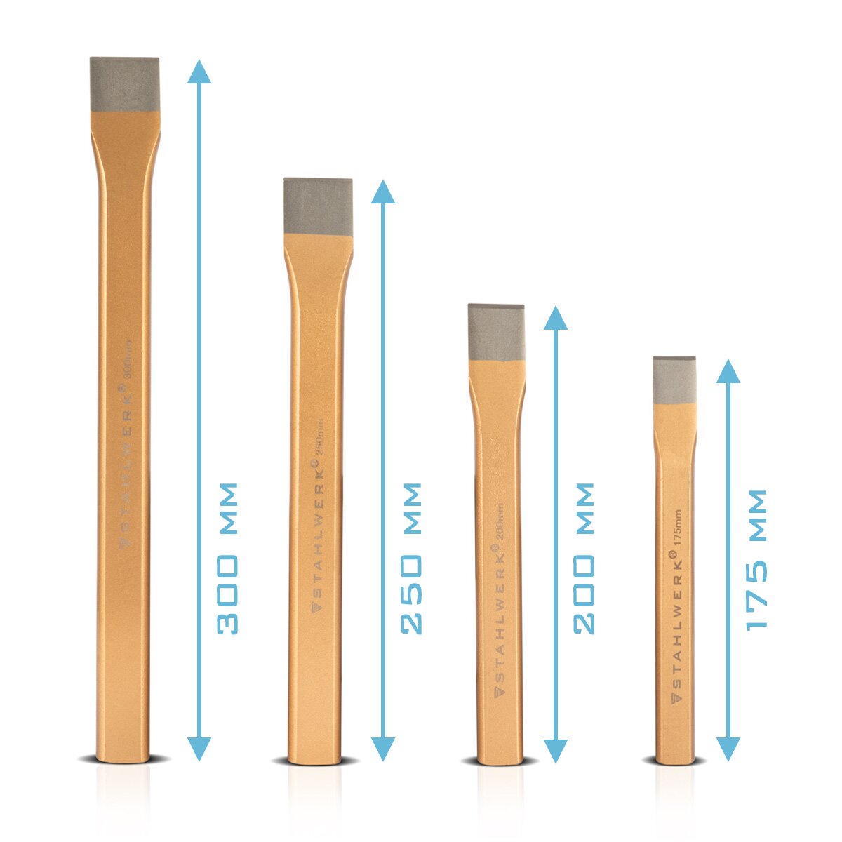 Acciaio flachmeißel 4 set oro 175 | 200 | 250 | 300 mm Sfalcano a mano in acciaio indurito per scalpelli professionali di metallo, pietra, legno, cemento, piastrelle e materie plastiche