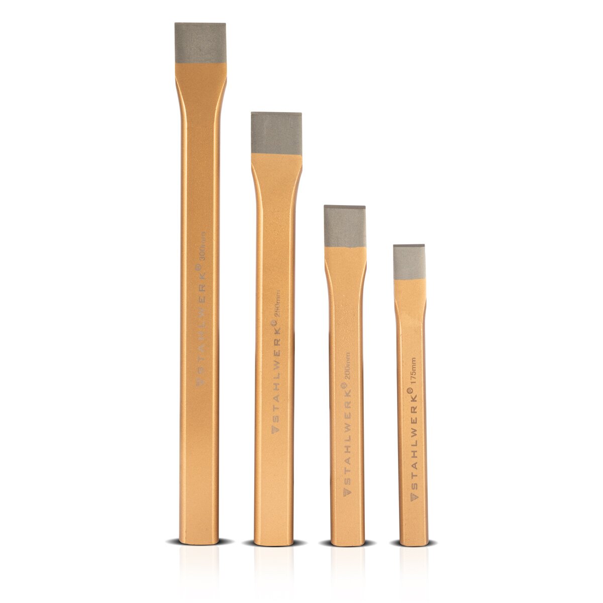 Acciaio flachmeißel 4 set oro 175 | 200 | 250 | 300 mm Sfalcano a mano in acciaio indurito per scalpelli professionali di metallo, pietra, legno, cemento, piastrelle e materie plastiche