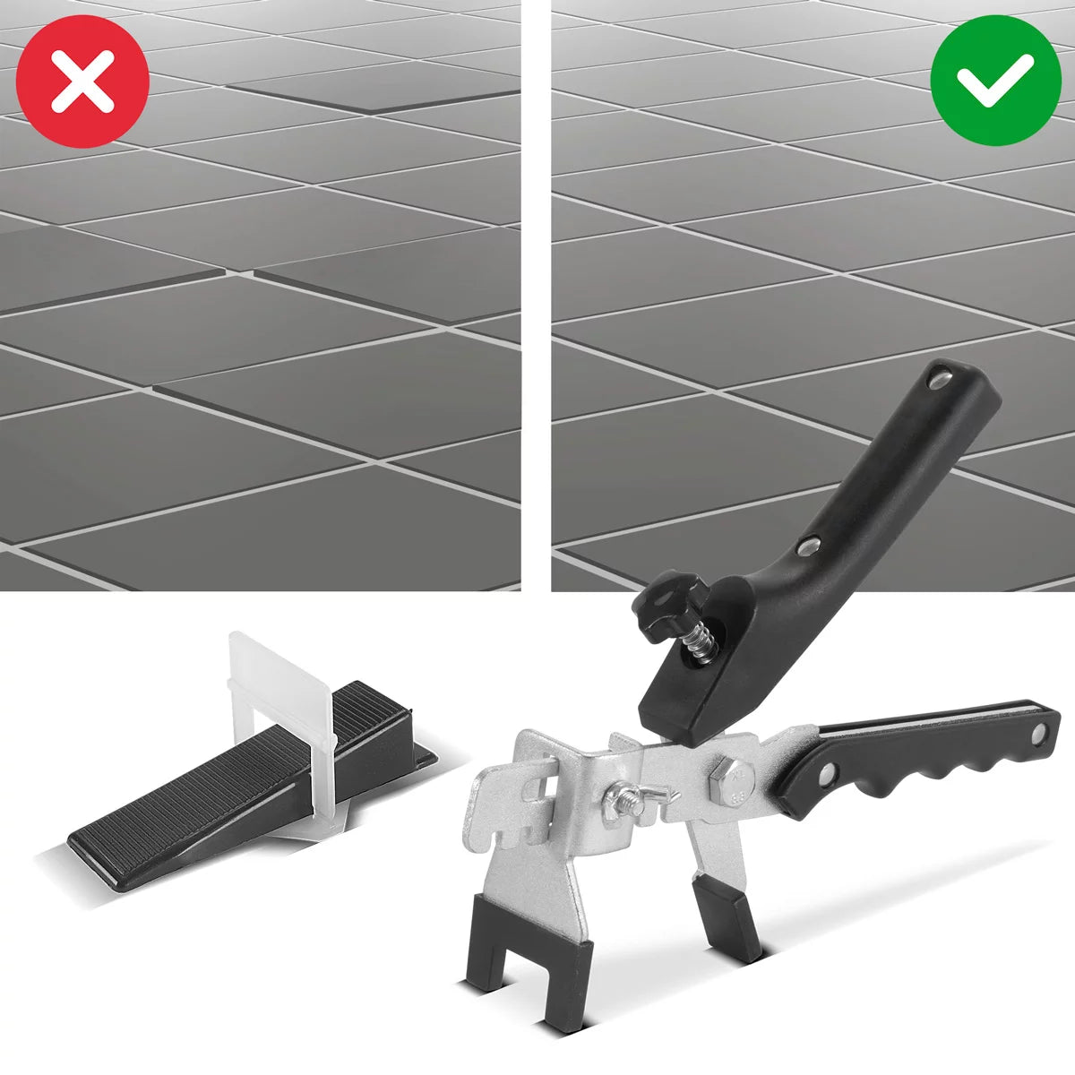 Steelworks tile level set | 200 trains for 2mm joint width | 100 leveling wedges | Laying system | Publishing aid | Tile-level tongs | Easy laying | Perfect tiles
