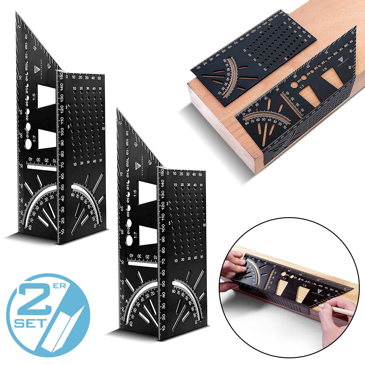 Steelworks 2 Set Mirscale Winkel Linal avec arrêt et apprentissage de forage Angle 3D | Zimmermannswinkel | Angle d'aluminium | Gehrtige | Couteaux aînés pour une mesure précise, déchirée, marquer et tirer