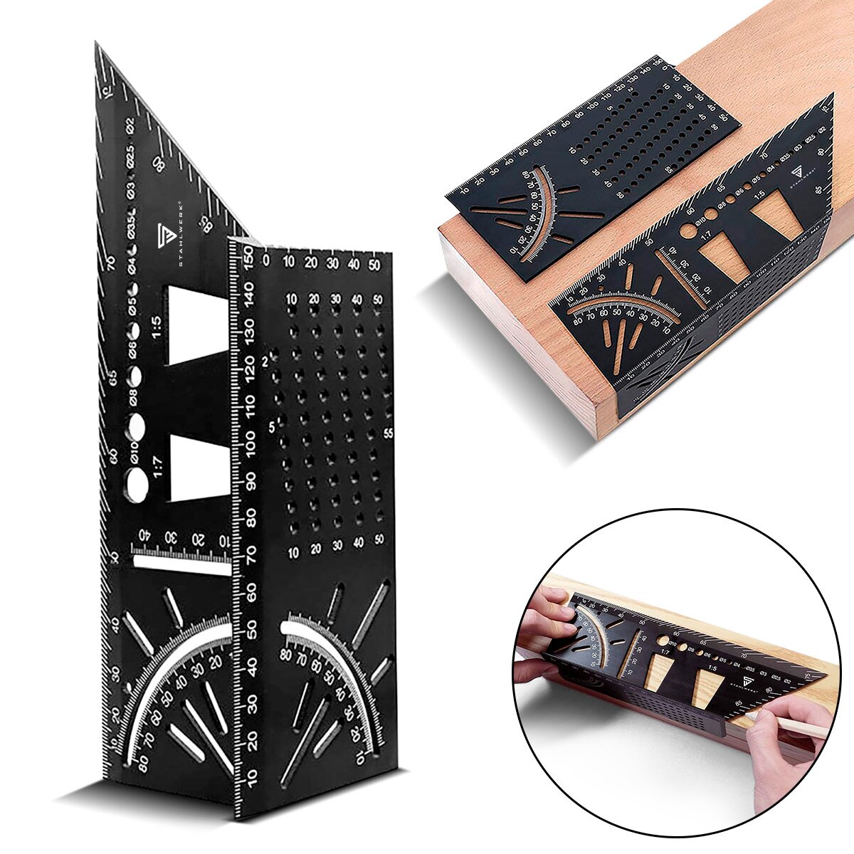 Steelworks 2 Set Mirscale Winkel Linal avec arrêt et apprentissage de forage Angle 3D | Zimmermannswinkel | Angle d'aluminium | Gehrtige | Couteaux aînés pour une mesure précise, déchirée, marquer et tirer