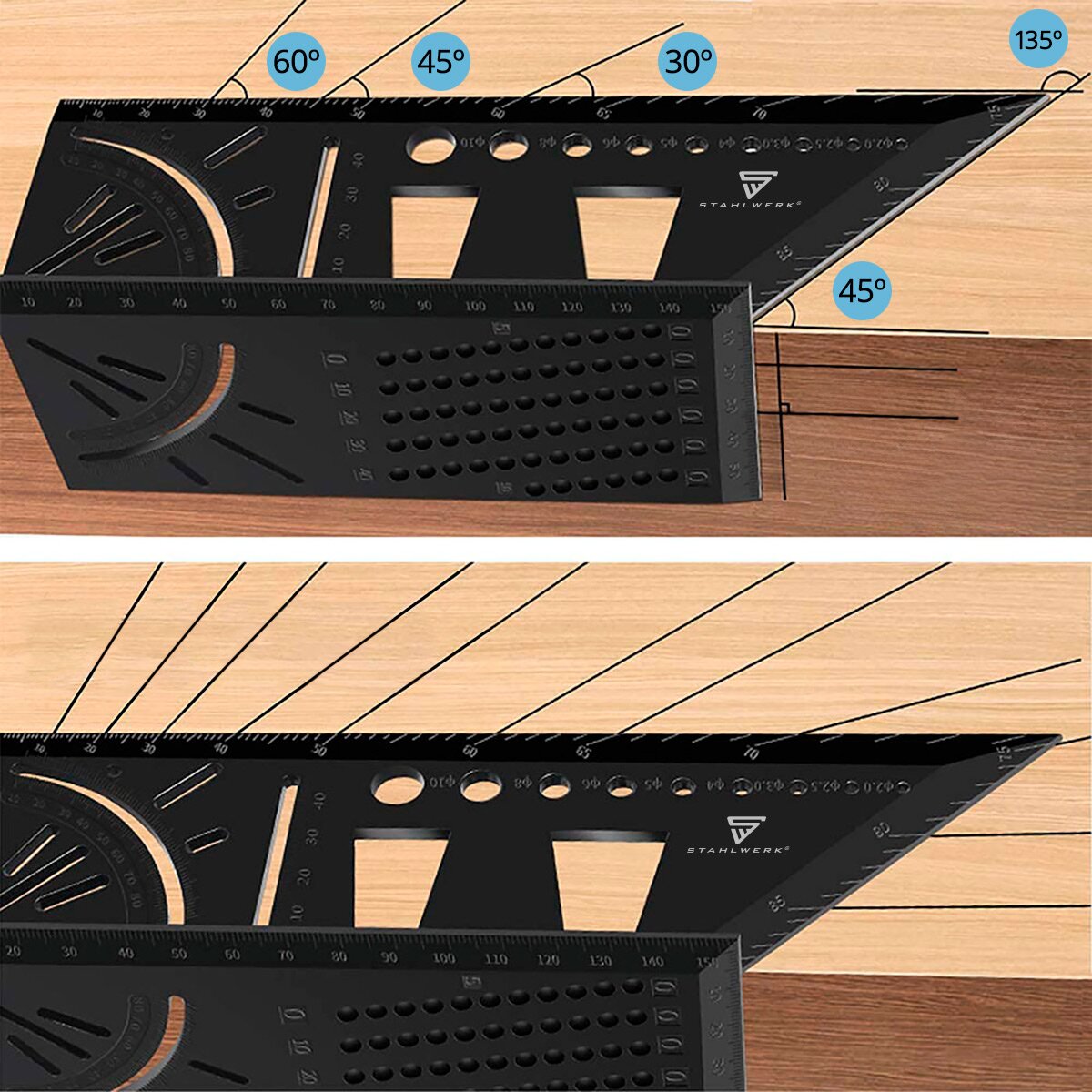 Steelworks Gehrungenwinkel-Line-Linal with attack and drilling apprenticeship 3D angle | Zimmermannswinkel | Aluminum angle | Gehrtige | Elder knives for precise measurement, torn, mark and draw