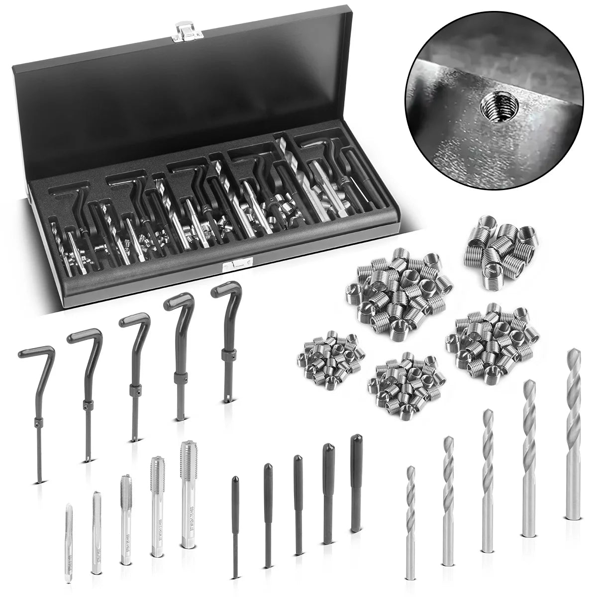 Steelworks Helicoil Thread repair set 131-part thread repair set M5 M6 M10 M10 M12 thread repair tool with threaded drill, drilling, breaking tools, installation tools and thread inserts