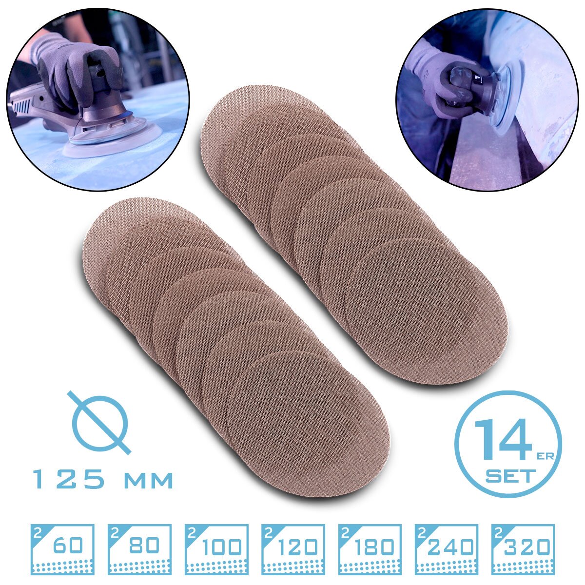 STAHLWERK Gitternetz-Klett-Schleifscheiben 14er Set P60 | P80 | P100 | P120 | P180 | P240 | P320 Körnung mit 125 mm Ø Profi-Schleifpads | Schleifgitter | Schleifmittel | Zubehör für Schleifgeräte