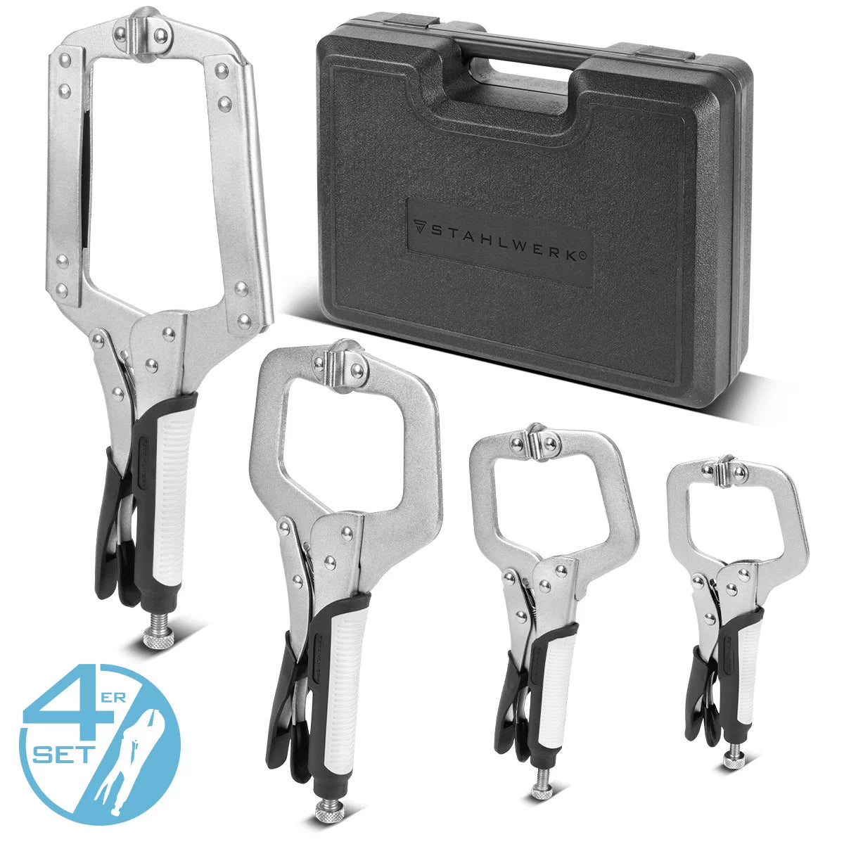 Steelworks Grip-tongs Set 4 pièces | Shape C 6 à 14 pouces | Crampes de serrage rapide | Crampes de serrage | Soudeur-Grip-Pliers en acier hautement allié, y compris le boîtier de transport