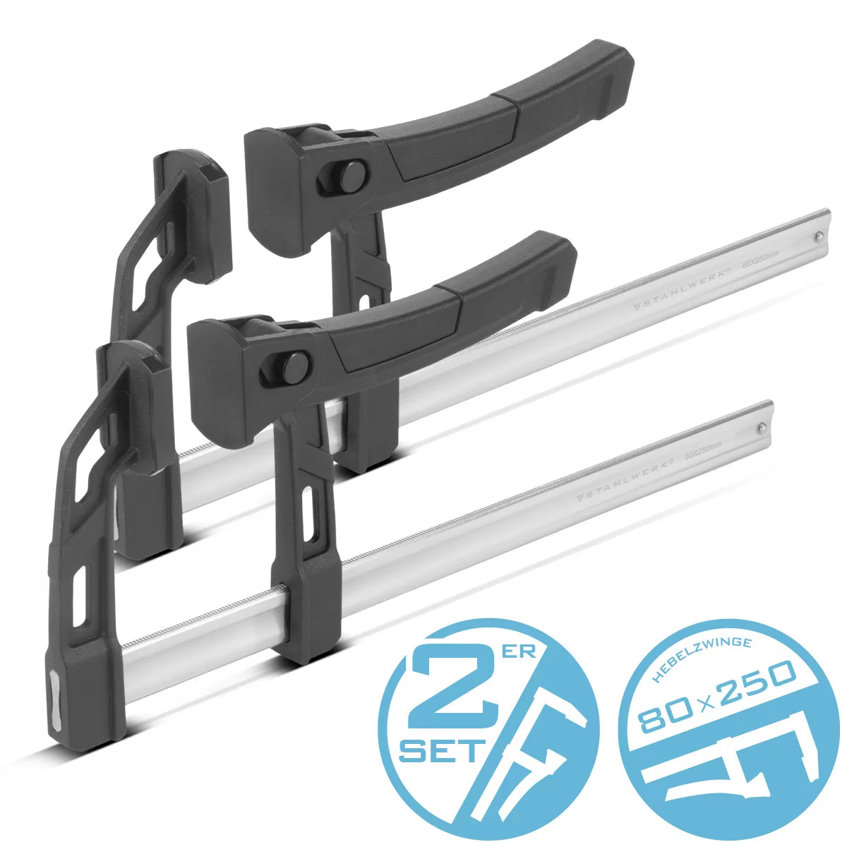 Steelwork 2er set lever clamp 80x250 mm | powerful clamping clamp with 100 kg of pressure power | Quick tensioner for precise fixing of workpieces | Stable clamp with span 250 mm, clamping depth 80 mm