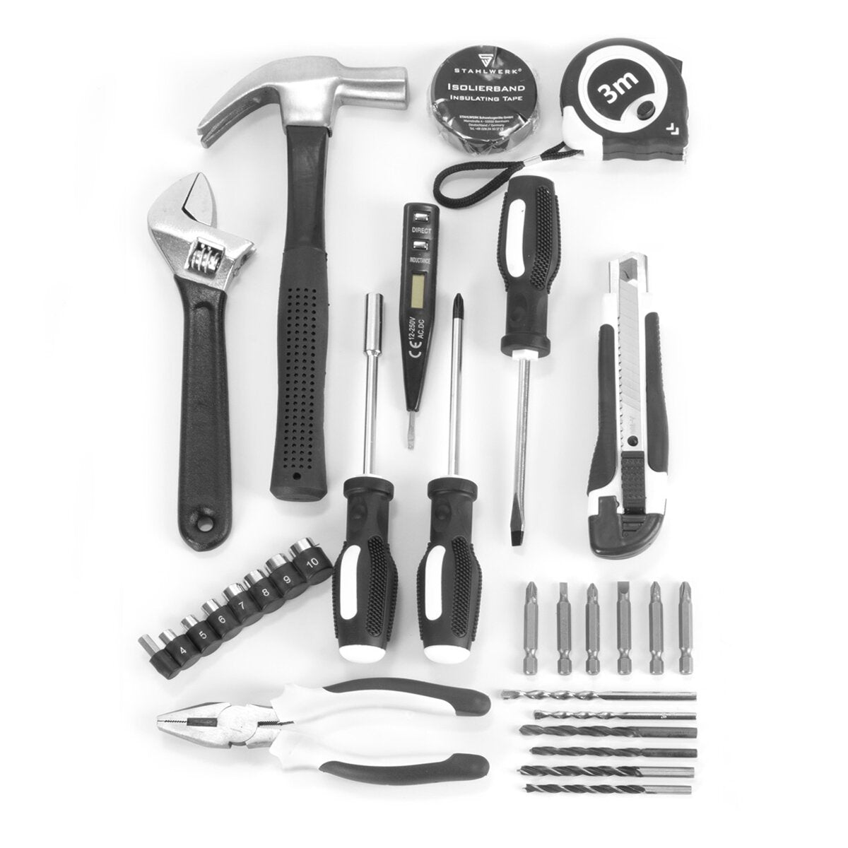 Steelworks DIY WILLER SET DTS-33 ST Tool Case | Boîte à outils | Boîte à outils avec un ensemble d'outils en 32 parties en perceuse à impact, tournevis, marteau, pinces, ruban de mesure, testeur de tension, bits et accessoires