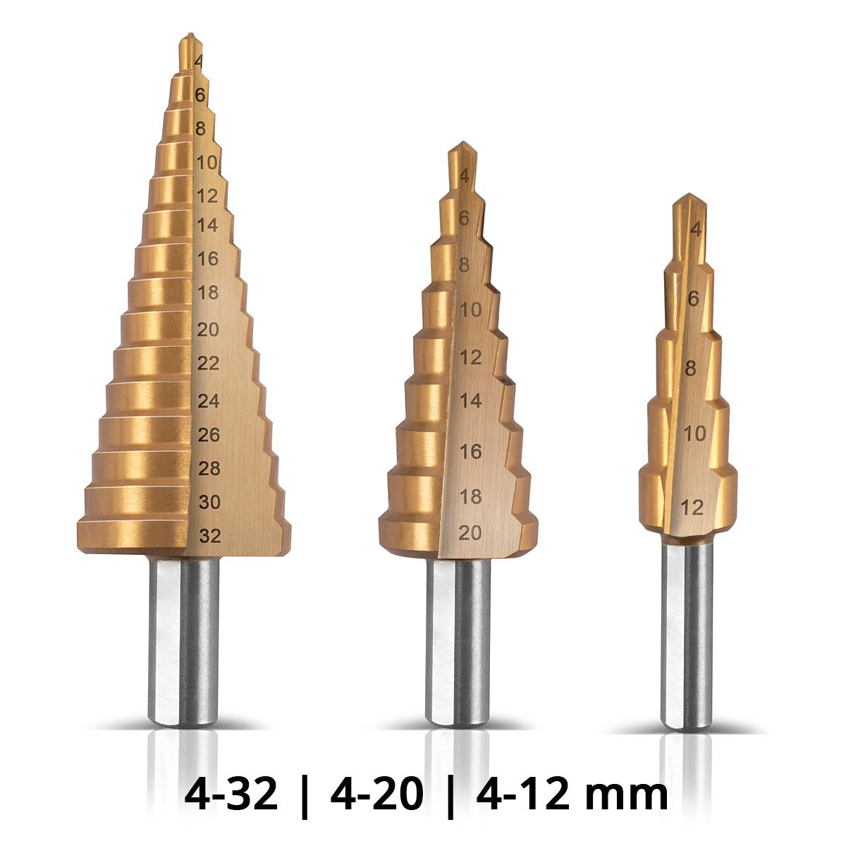 مجموعة مثقاب STAHLWERK HSS مكونة من 3 طلاء TiN 4-12 | 4-20 | لقم ثقب معدنية مطلية بالتيتانيوم مقاس 4-32 مم | الحفر المخروط | مثقاب غاطس | حفر التقشير | الحفر المخروط | طقم حفر مع صندوق ألومنيوم