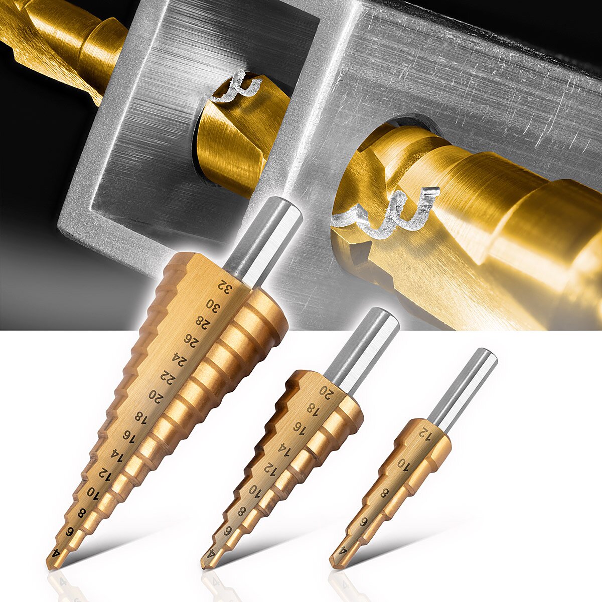 مجموعة مثقاب STAHLWERK HSS مكونة من 3 طلاء TiN 4-12 | 4-20 | لقم ثقب معدنية مطلية بالتيتانيوم مقاس 4-32 مم | الحفر المخروط | مثقاب غاطس | حفر التقشير | الحفر المخروط | طقم حفر مع صندوق ألومنيوم