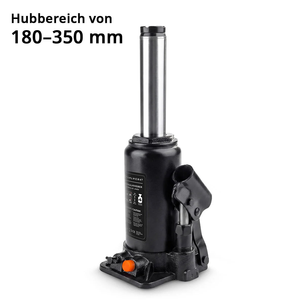 STAHLWERK Hydraulikheber GW0404 mit 4 t Tragkraft | Hubbereich 180 - 350 mm | Kompakter Stempelwagenheber | Hydraulik-Wagenheber | Stabiler Flaschenwagenheber für Maschinen, Nutzfahrzeuge und Pkw