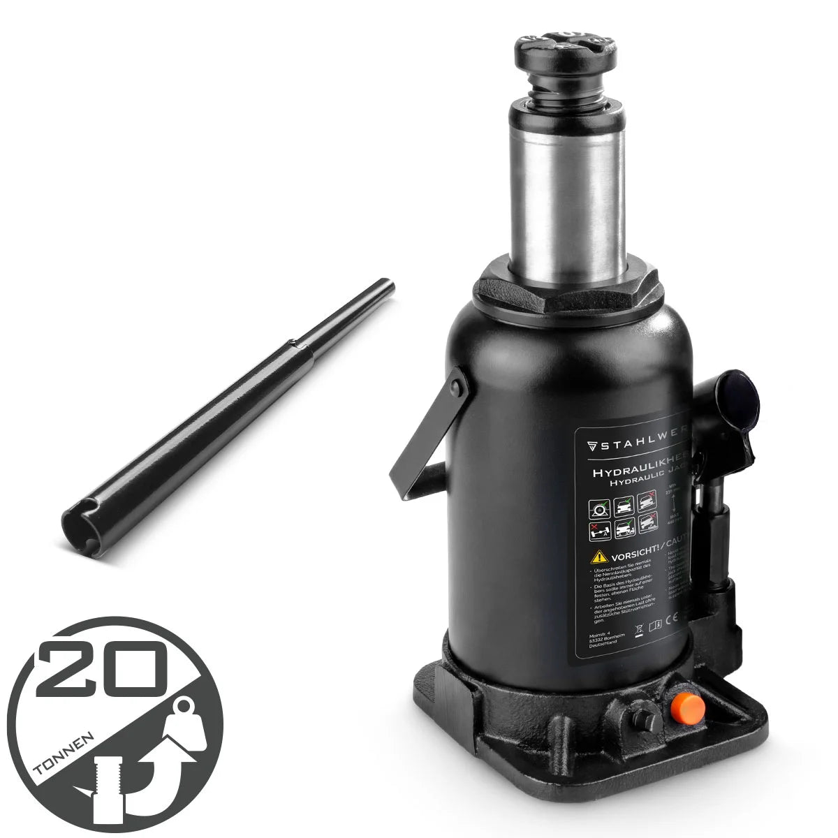 STAHLWERK Hydraulikheber GW2004 mit 20 t Tragkraft | Hubbereich 235 - 440 mm | Kompakter Stempelwagenheber | Hydraulik-Wagenheber | Stabiler Flaschenwagenheber für Maschinen, Nutzfahrzeuge und Pkw