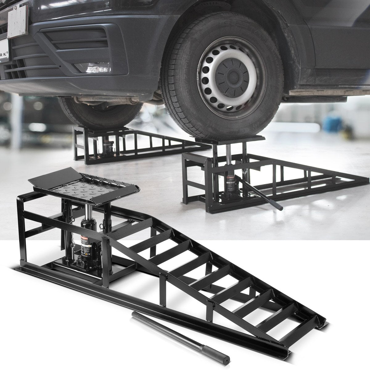 Rampa de rampa hidráulica de Steelworks GTH-14 ST 2 Conjunto con 5 toneladas de piedra de cría de capacidad de carga con Jack | Rampa para automóvil ajustable de altura | Rampa para coche | Auto