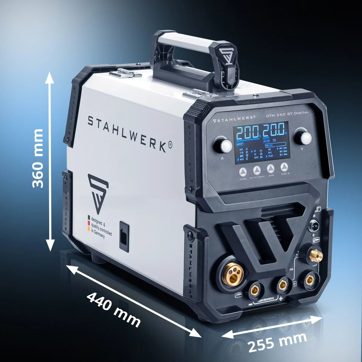 Dispositivo de soldadura Combi Stahlwerk CTM-2550 ST Digital 5-en-1 Dispositivo de soldadura de gas protector | Inversor con 200 A, alimentación de alambre sinérgico e integrado 50 A cortador de plasma | Peluca | Mig Mag | MMA | Flujo