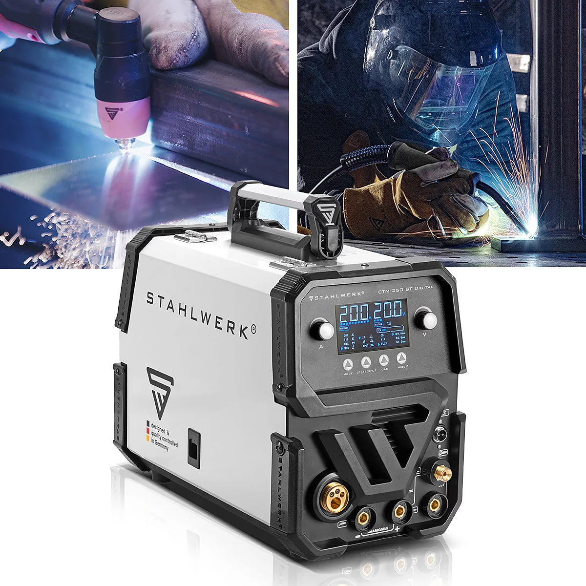 Dispositivo di saldatura Combi di Stahlwerk CHIBI CTM-2550 ST Digital Full Full Apparecchiatura 5 in 1 Dispositivo di saldatura a gas protettivo | Inverter con 200 A, alimentazione a filo sinergico e integrato 50 A taglio di taglio del plasma | Parrucca