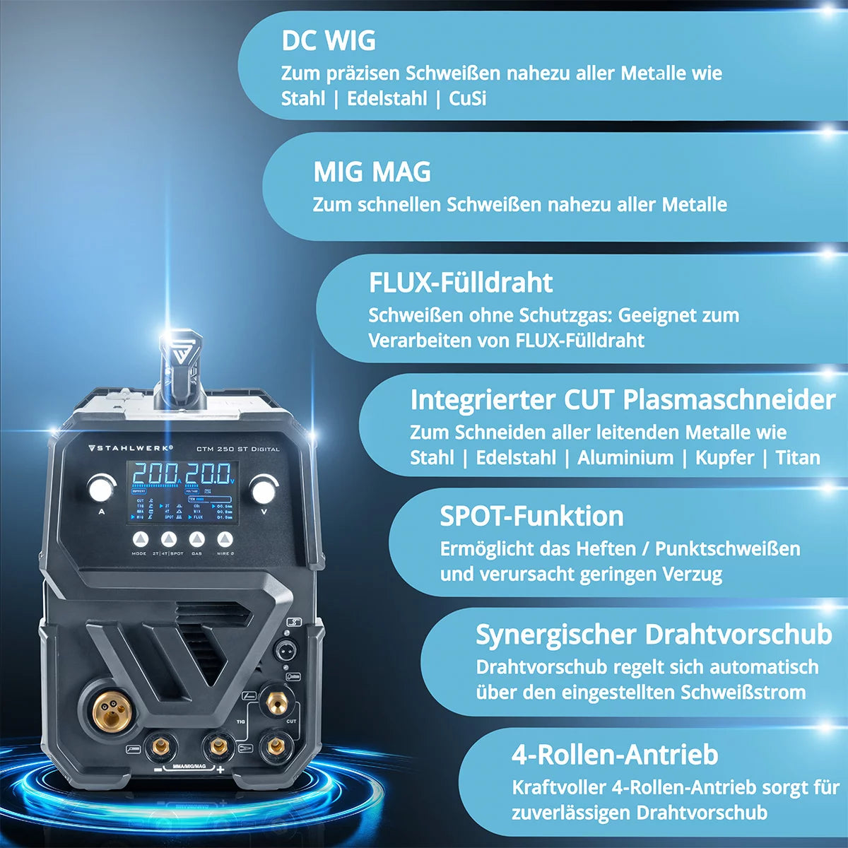 Dispositivo de soldadura Combi Stahlwerk CTM-2550 ST Digital 5-en-1 Dispositivo de soldadura de gas protector | Inversor con 200 A, alimentación de alambre sinérgico e integrado 50 A cortador de plasma | Peluca | Mig Mag | MMA | Flujo