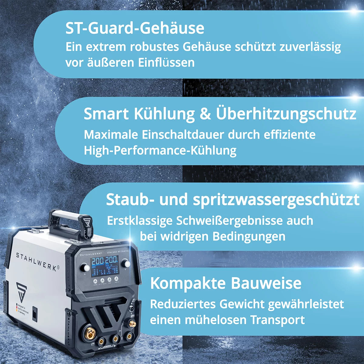 Dispositivo di saldatura Combi di Stahlwerk CHIBI CTM-2550 ST Digital Full Full Apparecchiatura 5 in 1 Dispositivo di saldatura a gas protettivo | Inverter con 200 A, alimentazione a filo sinergico e integrato 50 A taglio di taglio del plasma | Parrucca