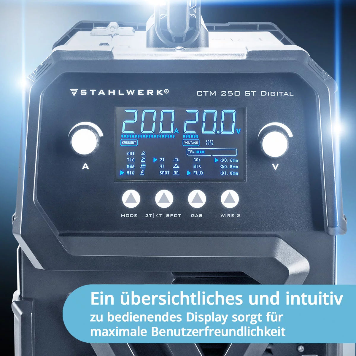 Dispositivo di saldatura Combi di Stahlwerk CHIBI CTM-2550 ST Digital Full Full Apparecchiatura 5 in 1 Dispositivo di saldatura a gas protettivo | Inverter con 200 A, alimentazione a filo sinergico e integrato 50 A taglio di taglio del plasma | Parrucca