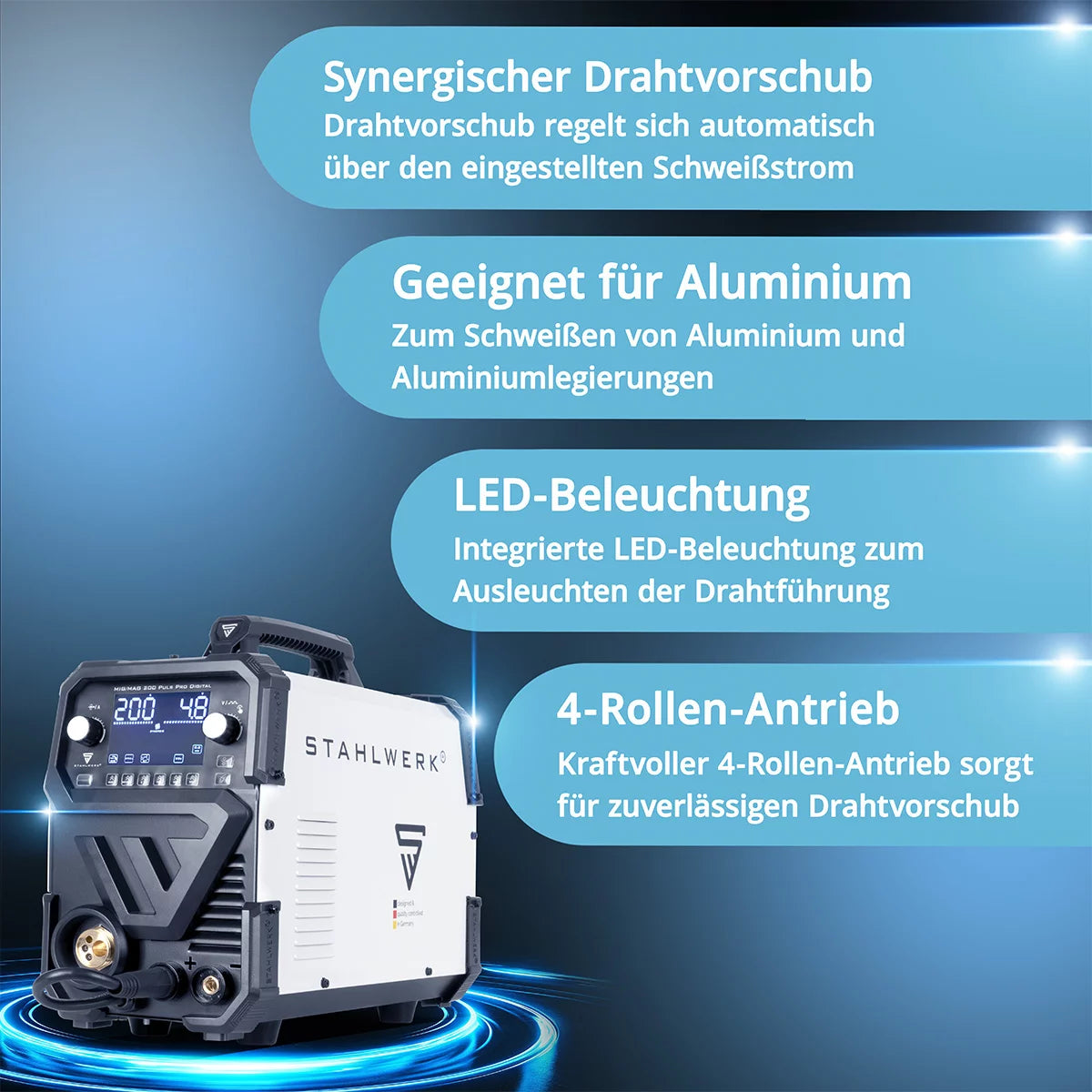 STAHLWERK MIG MAG 200 Spot Puls Pro Poste de soudage numérique au gaz inerte | Onduleur IGBT 200 A | Dévidoir synergique | Entraînement à 4 rouleaux | Fonction de soudage FLUX, Lift-TIG, MMA/ARC, CuSi | Impulsion MIG pour l'aluminium