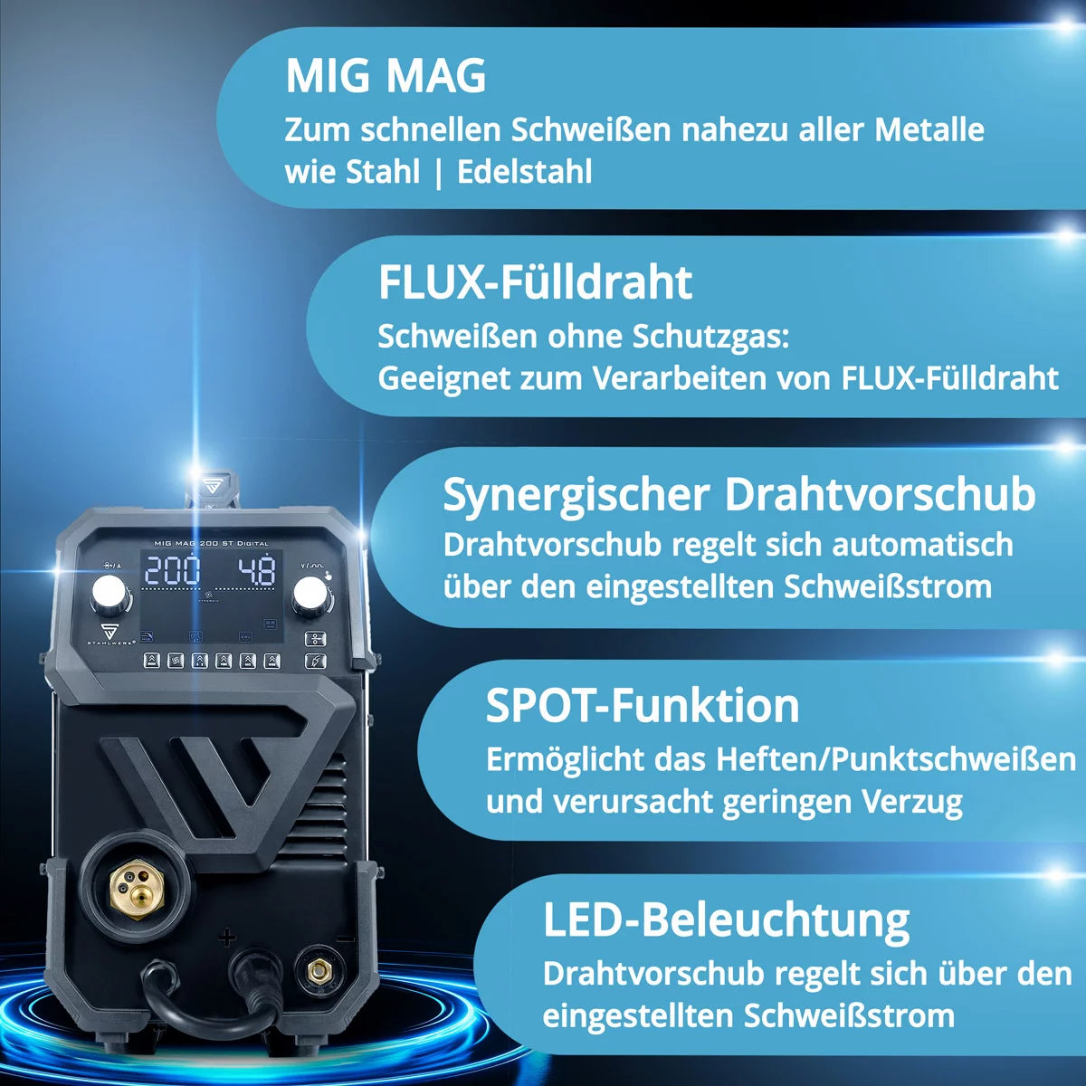 Steelworks welding machine MIG MAG 200 ST Digital Full equipment IGBT protective gas welding device | Inverter with 200 A, spot function, synergic wire feed, Flux and MMA | ARC function