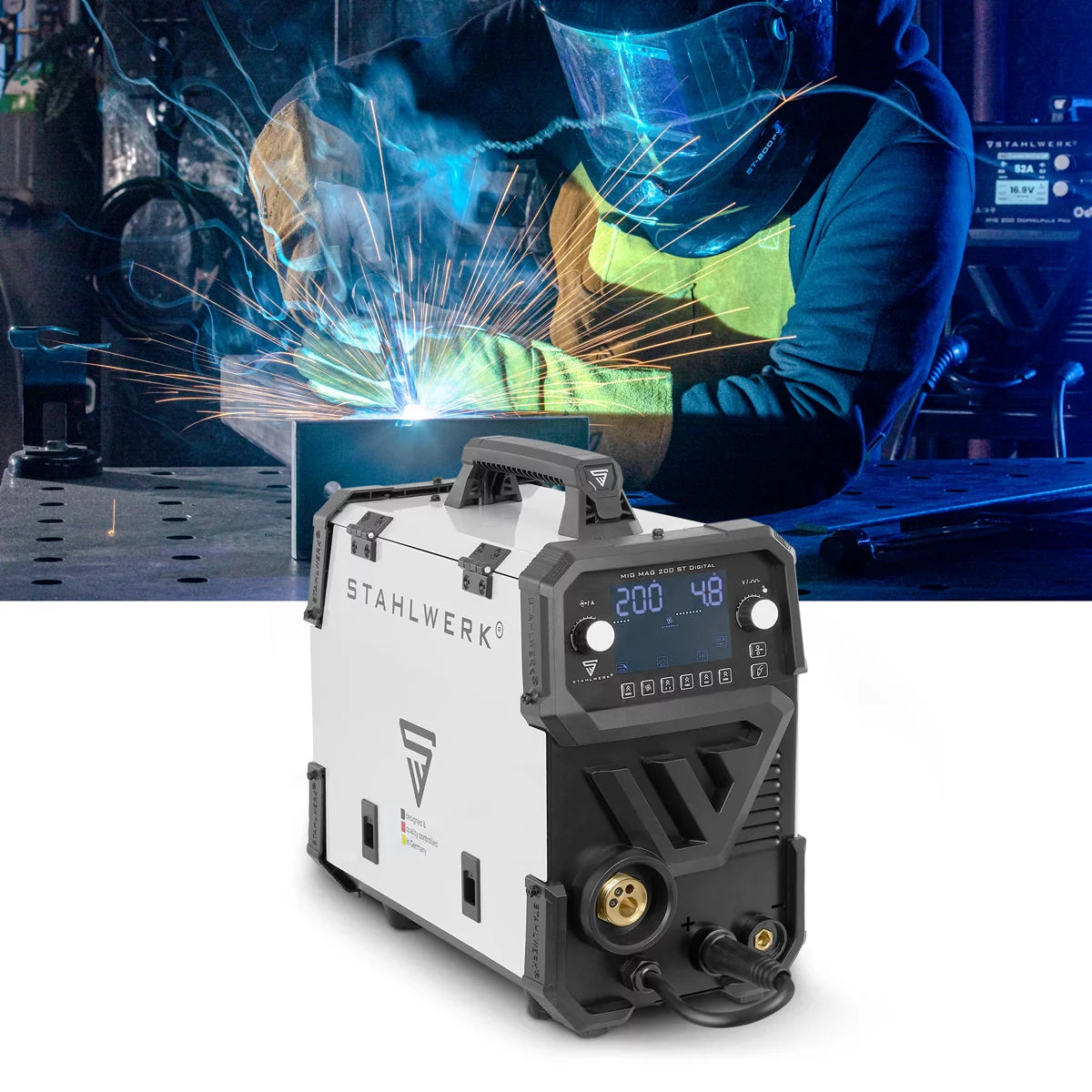 Steelworks welding machine MIG MAG 200 ST Digital Full equipment IGBT protective gas welding device | Inverter with 200 A, spot function, synergic wire feed, Flux and MMA | ARC function